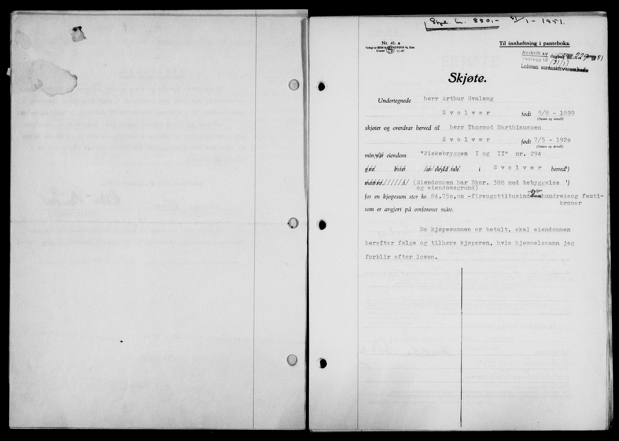 Lofoten sorenskriveri, SAT/A-0017/1/2/2C/L0025a: Mortgage book no. 25a, 1950-1951, Diary no: : 229/1951