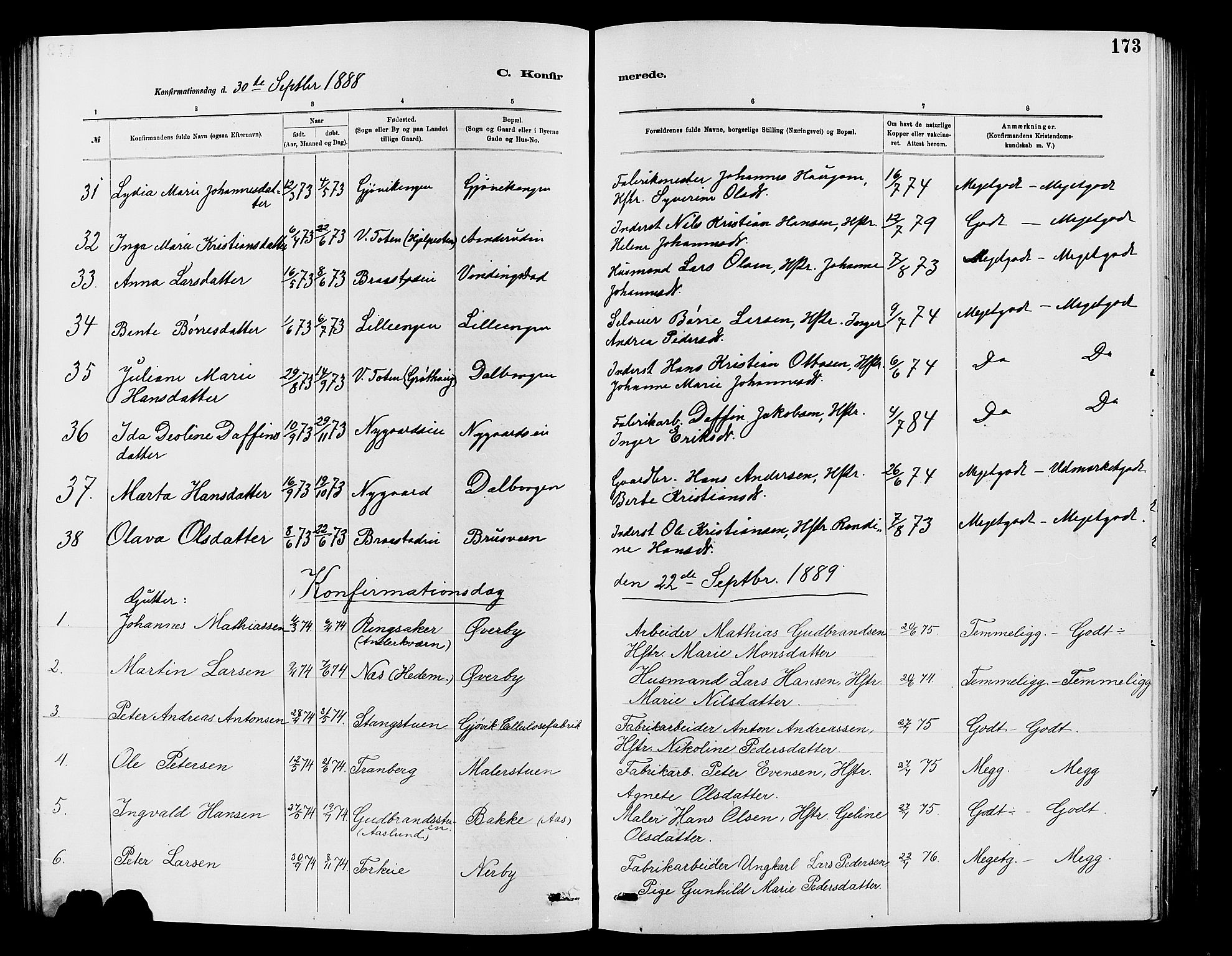 Vardal prestekontor, SAH/PREST-100/H/Ha/Hab/L0007: Parish register (copy) no. 7 /1, 1881-1895, p. 173
