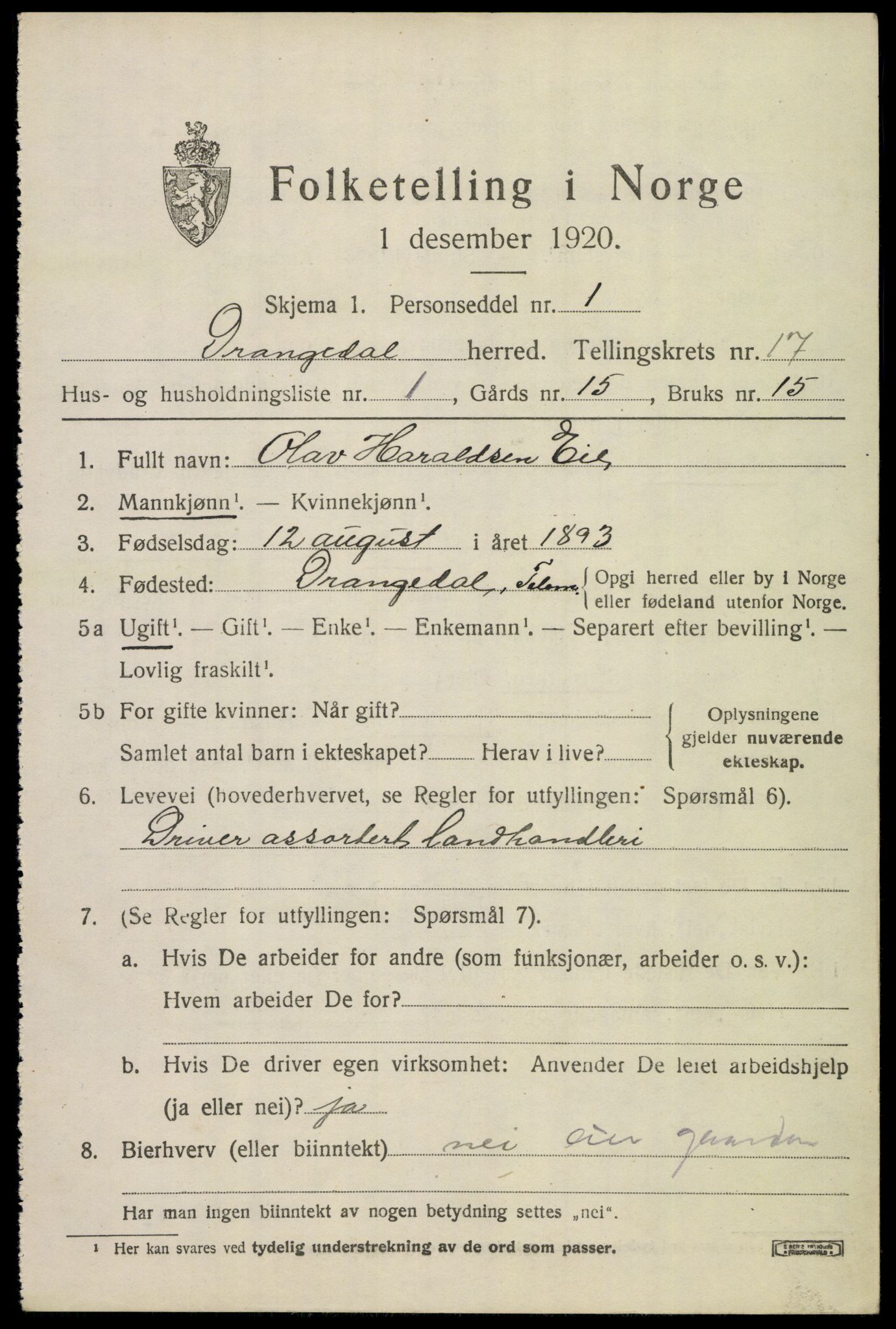 SAKO, 1920 census for Drangedal, 1920, p. 7967