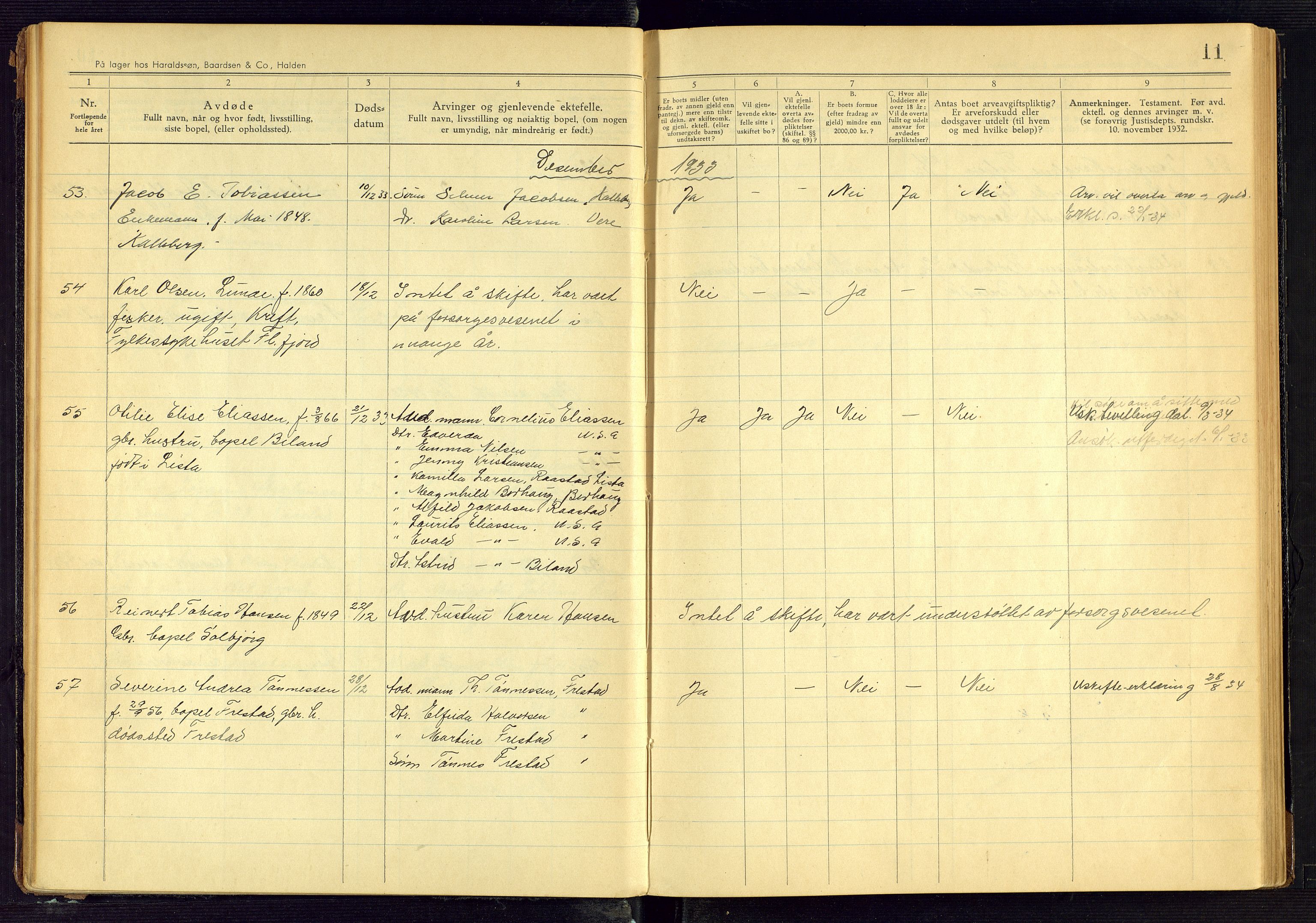 Lista lensmannskontor, AV/SAK-1241-0030/F/Fe/L0001/0004: Dødsfallsprotokoller nr 12 / Dødsfallsprotokoll, 1933-1942, p. 11