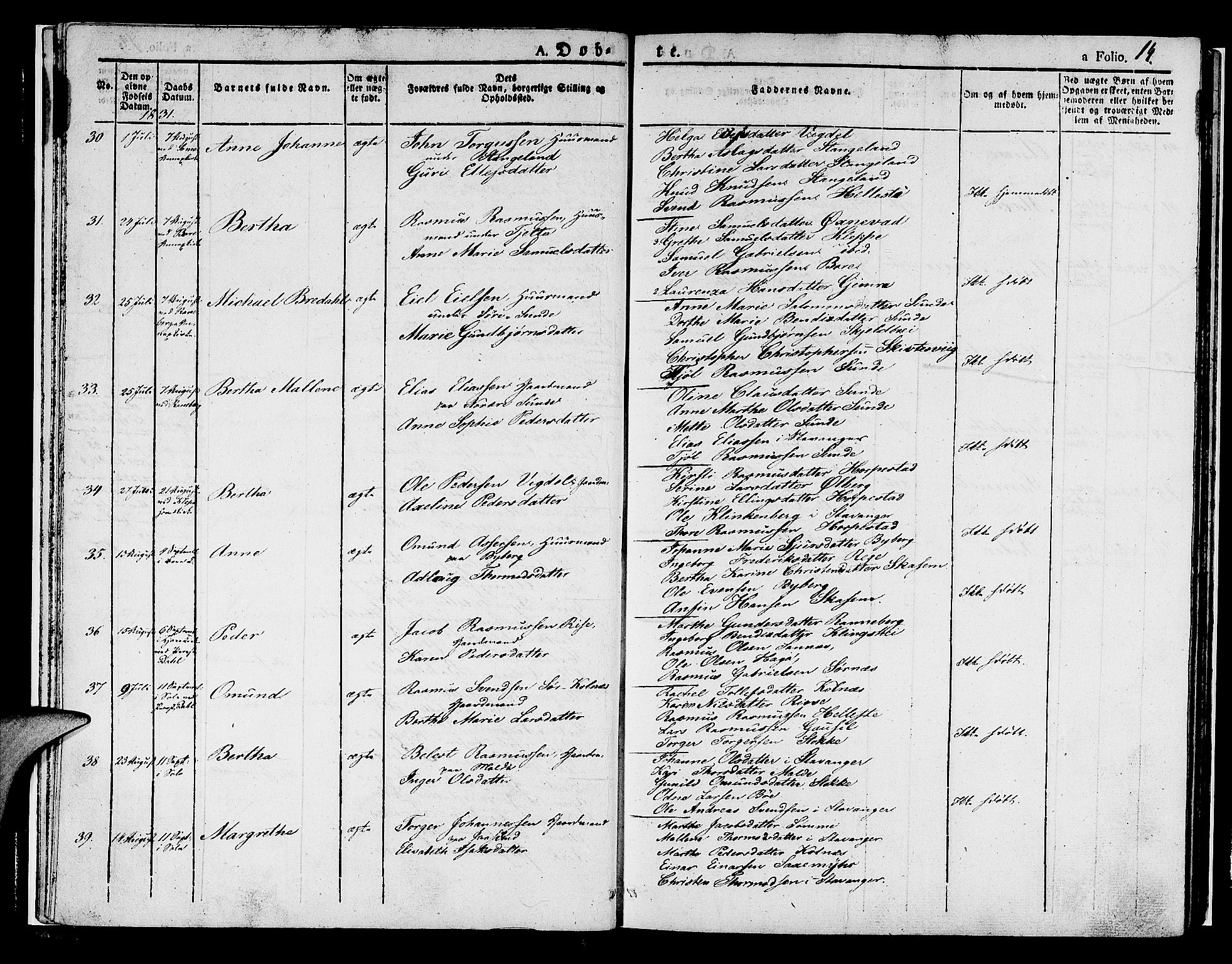 Håland sokneprestkontor, AV/SAST-A-101802/001/30BA/L0005: Parish register (official) no. A 5, 1829-1841, p. 14