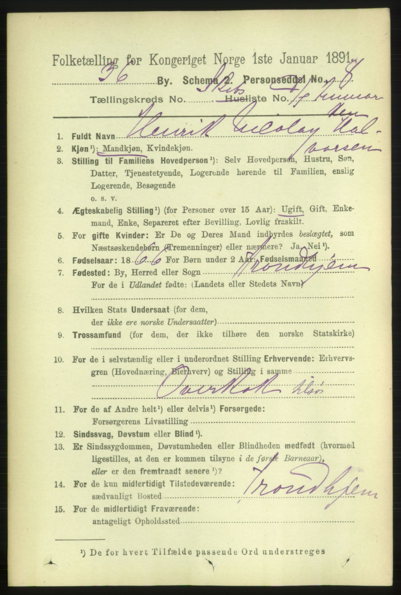 RA, 1891 census for 1001 Kristiansand, 1891, p. 16130