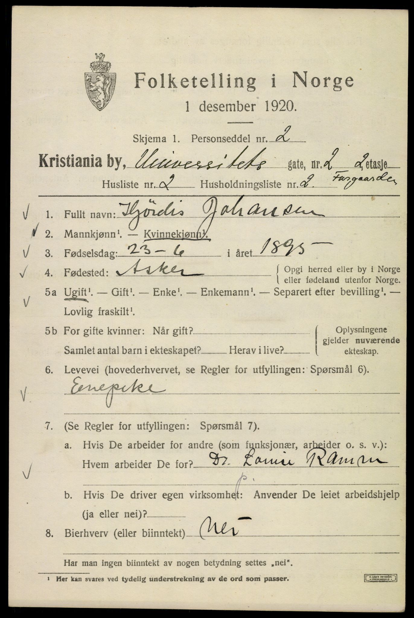 SAO, 1920 census for Kristiania, 1920, p. 618083