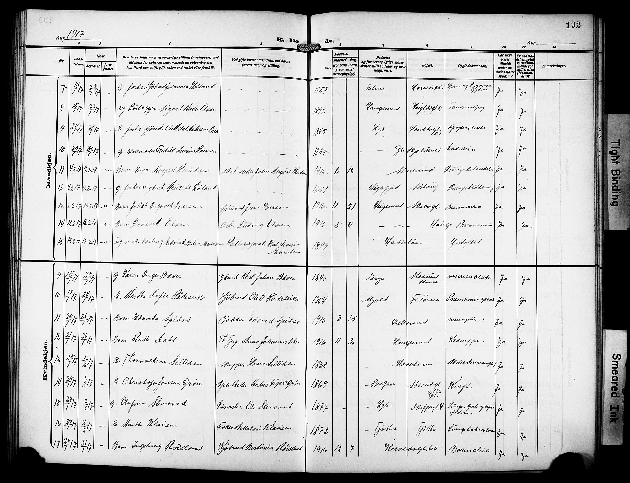 Haugesund sokneprestkontor, AV/SAST-A -101863/H/Ha/Hab/L0008: Parish register (copy) no. B 8, 1909-1921, p. 192