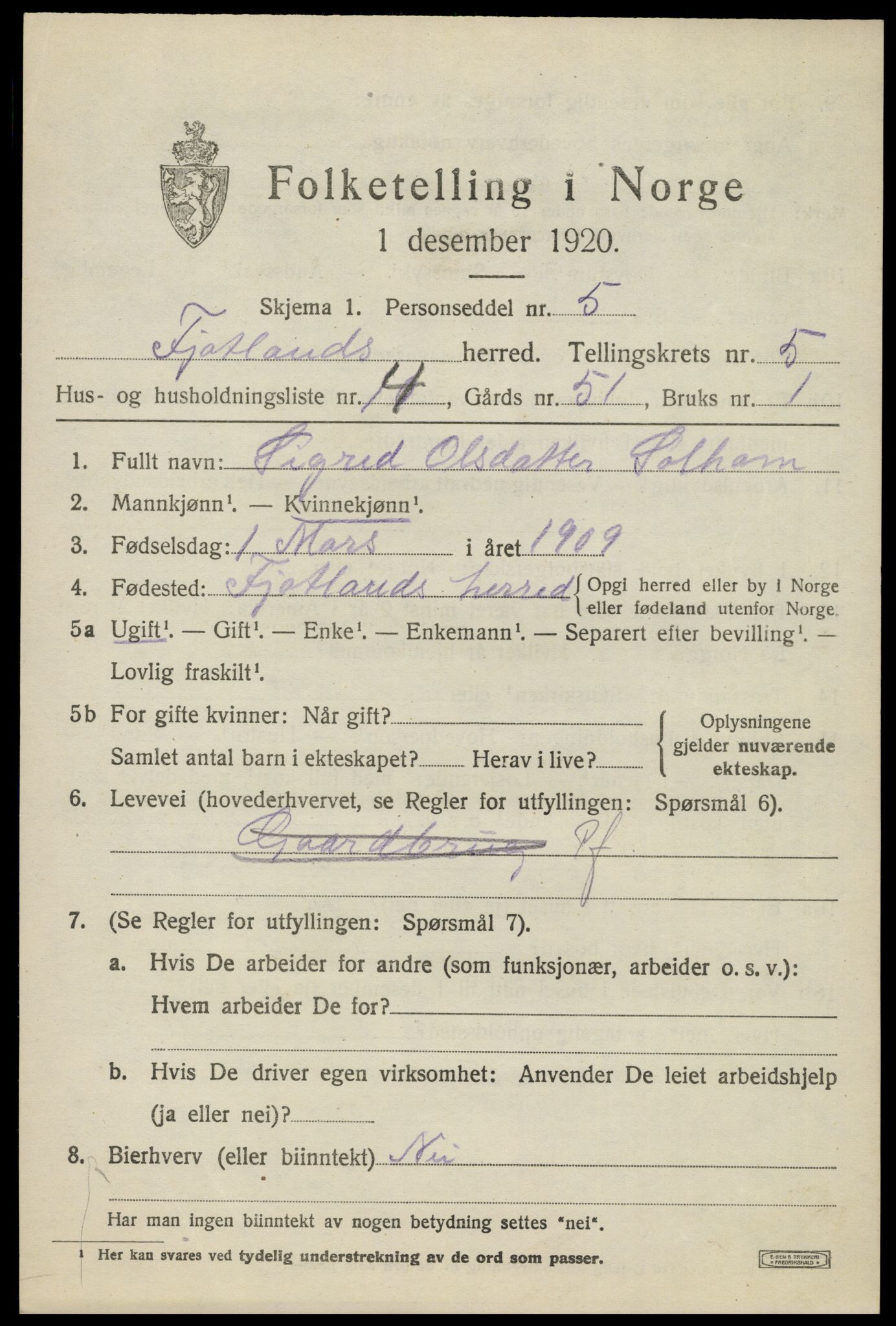 SAK, 1920 census for Fjotland, 1920, p. 1566