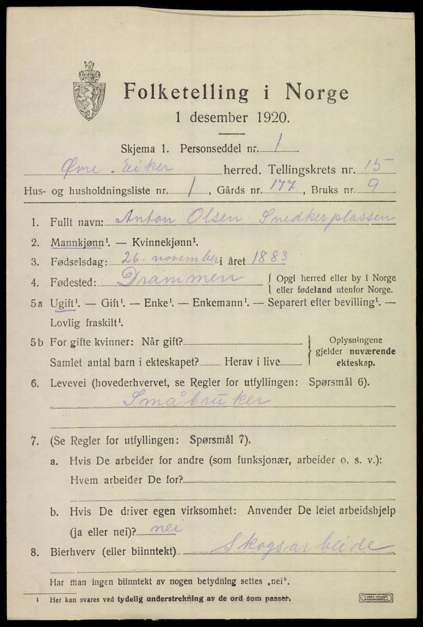 SAKO, 1920 census for Øvre Eiker, 1920, p. 20656