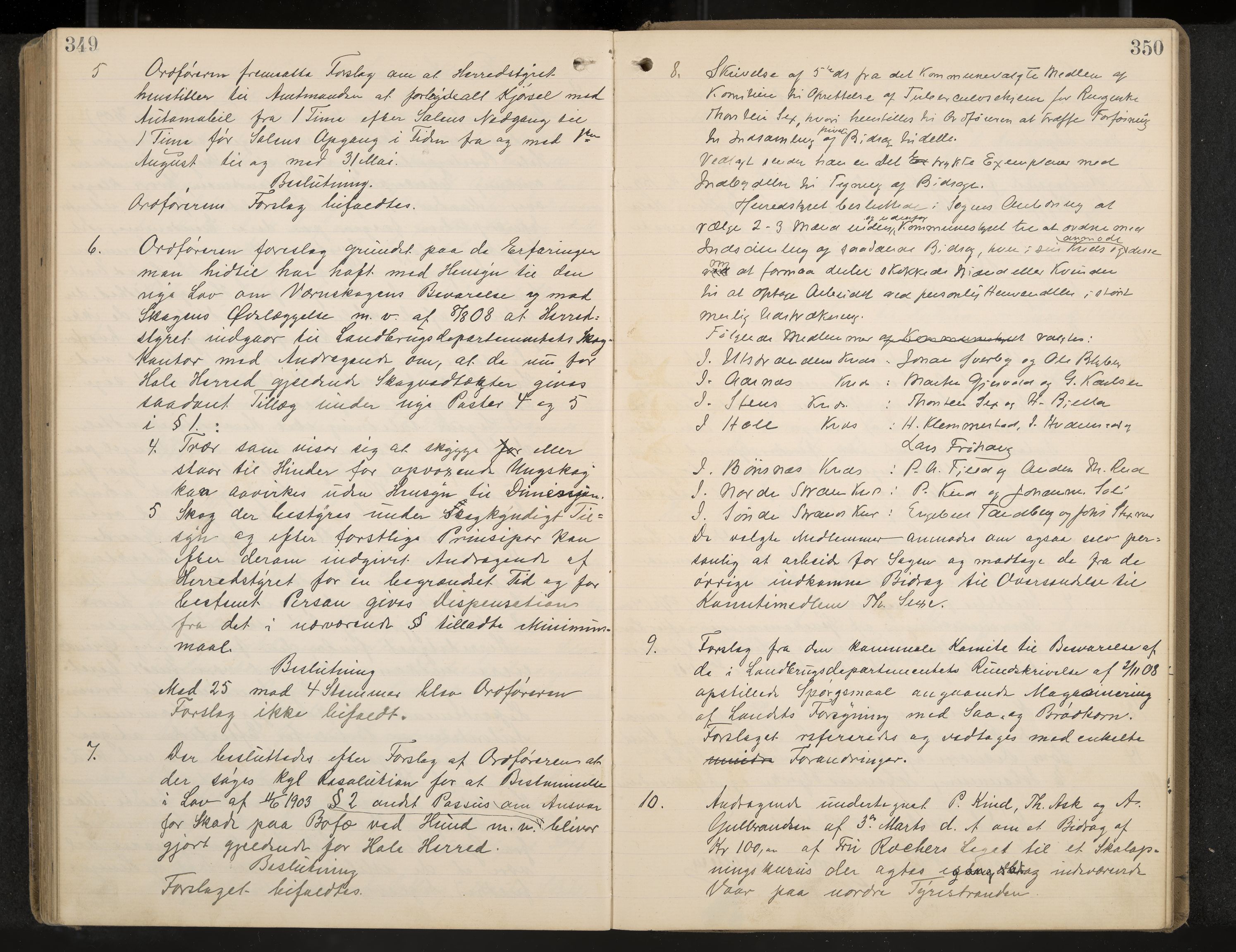 Hole formannskap og sentraladministrasjon, IKAK/0612021-1/A/Aa/L0004: Møtebok med register, 1902-1910, p. 349-350
