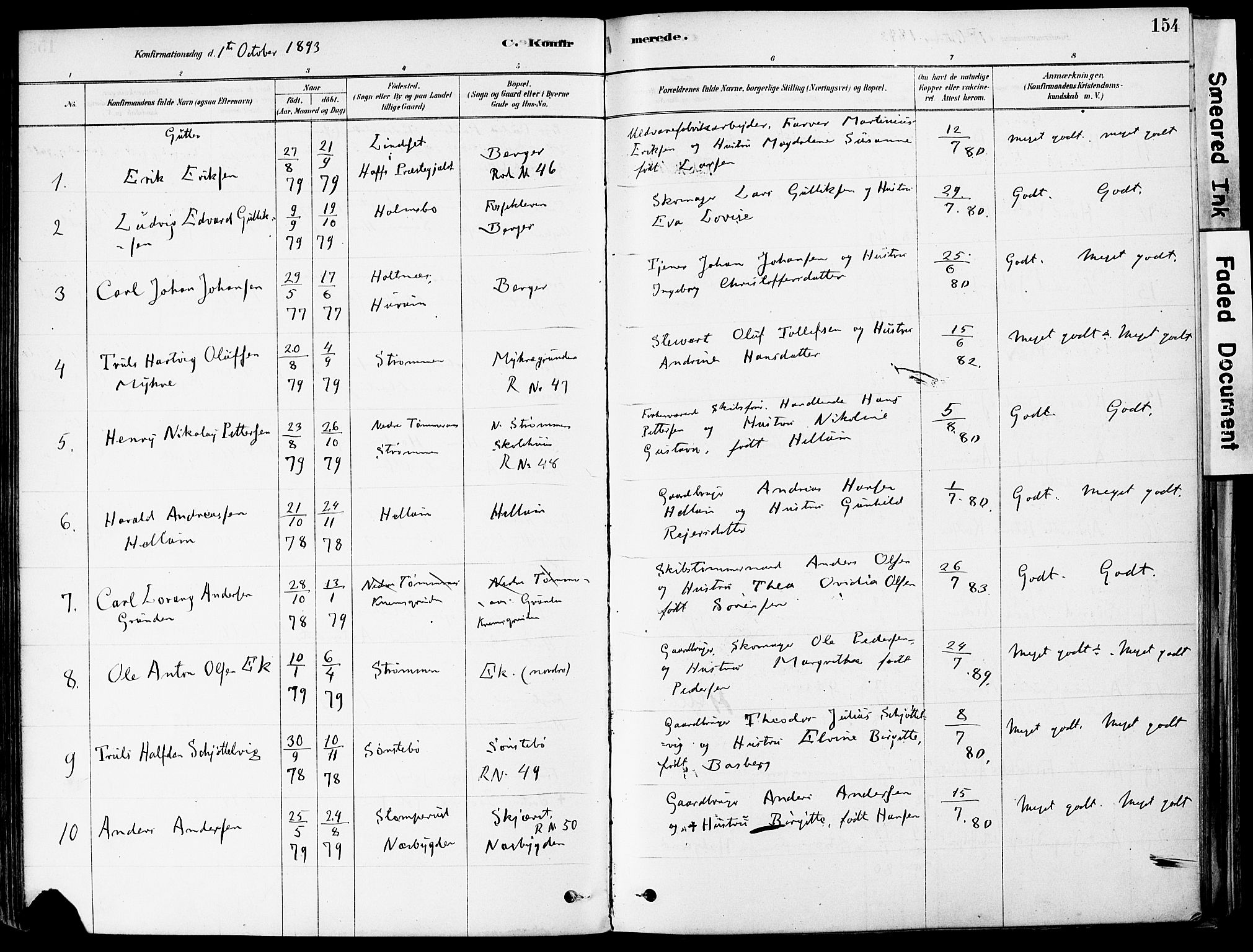 Strømm kirkebøker, AV/SAKO-A-322/F/Fa/L0004: Parish register (official) no. I 4, 1878-1899, p. 154