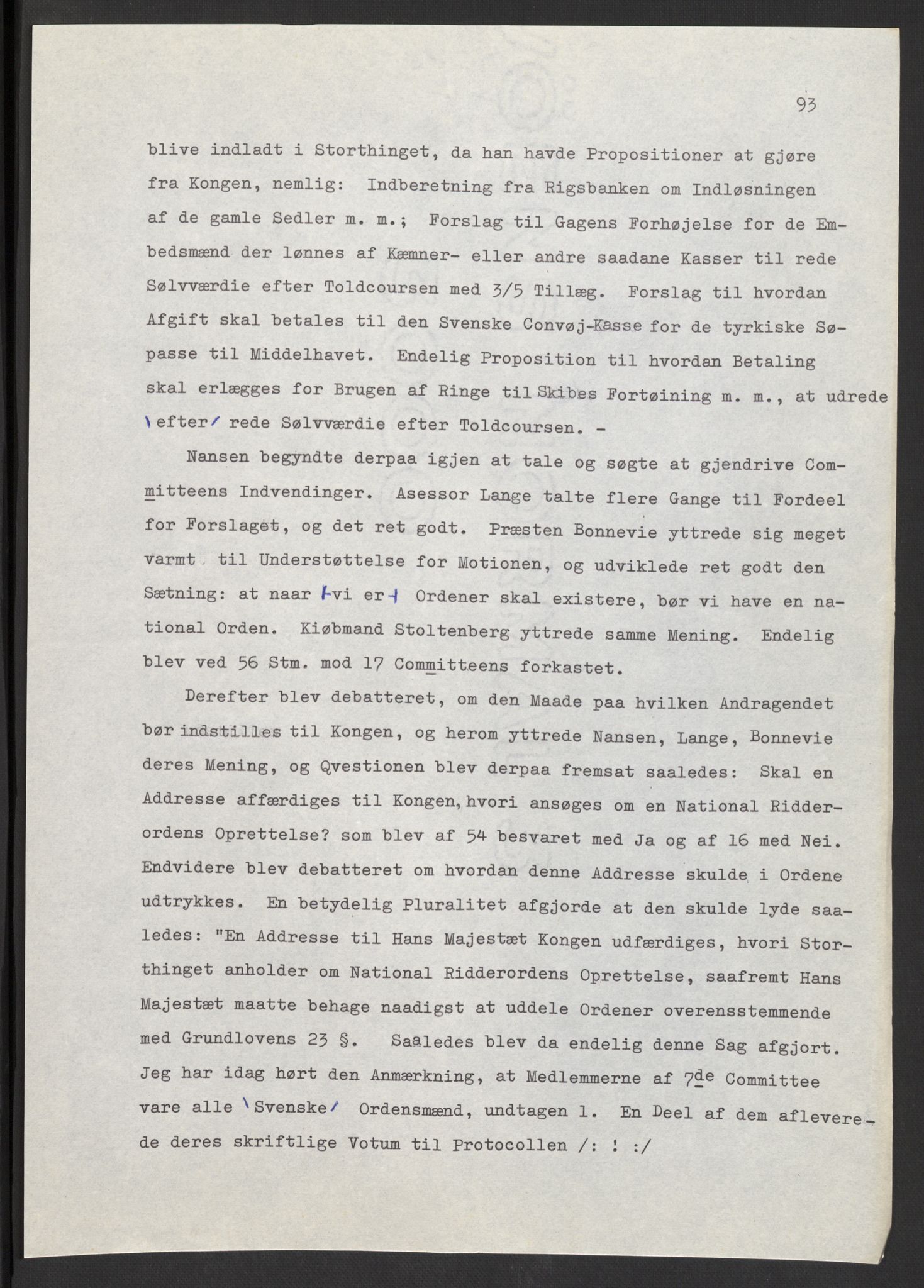 Manuskriptsamlingen, AV/RA-EA-3667/F/L0197: Wetlesen, Hans Jørgen (stortingsmann, ingeniørkaptein); Referat fra Stortinget 1815-1816, 1815-1816, p. 93