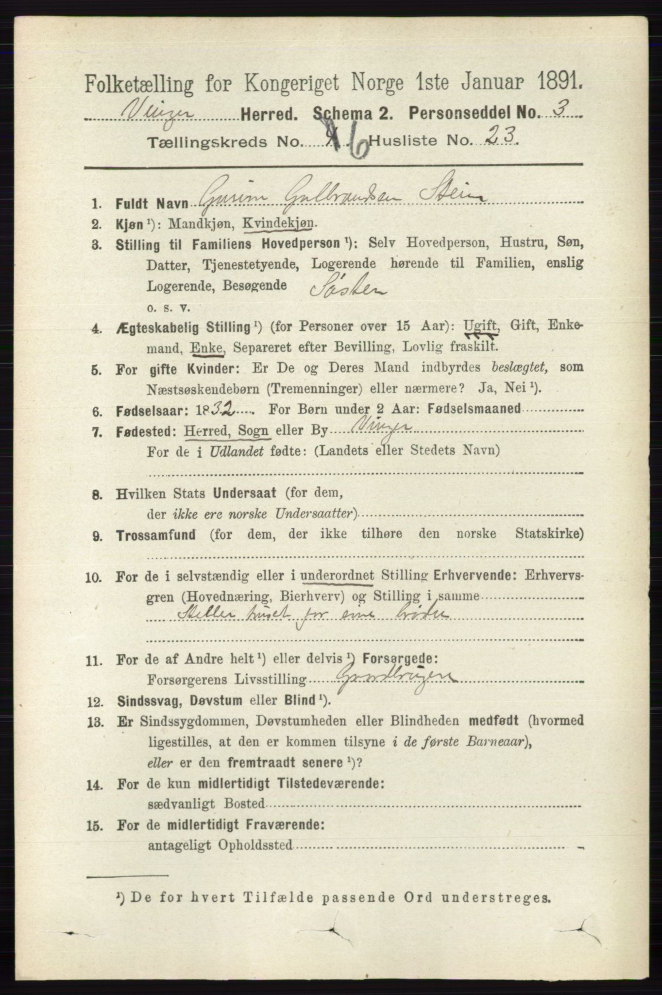 RA, 1891 census for 0421 Vinger, 1891, p. 2746