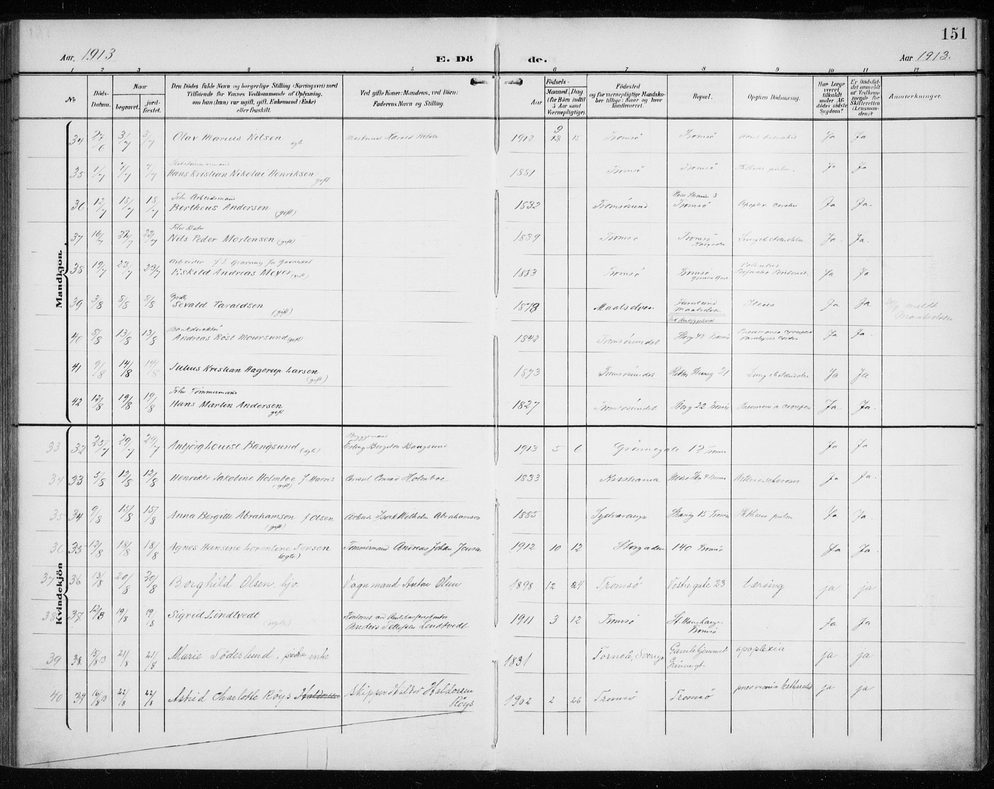 Tromsø sokneprestkontor/stiftsprosti/domprosti, SATØ/S-1343/G/Ga/L0018kirke: Parish register (official) no. 18, 1907-1917, p. 151