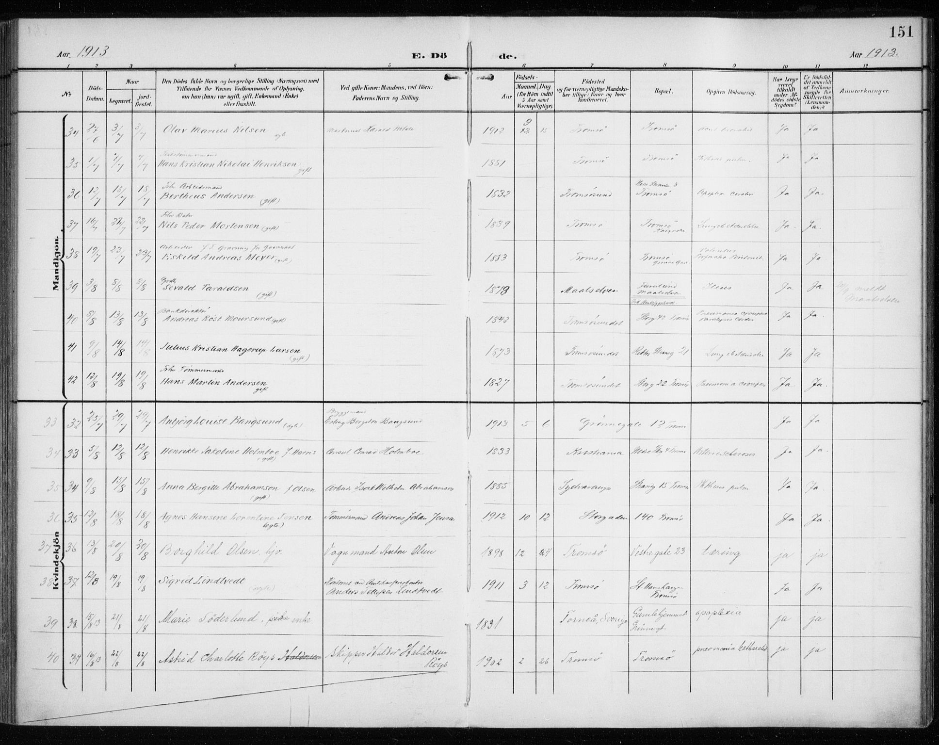 Tromsø sokneprestkontor/stiftsprosti/domprosti, AV/SATØ-S-1343/G/Ga/L0018kirke: Parish register (official) no. 18, 1907-1917, p. 151