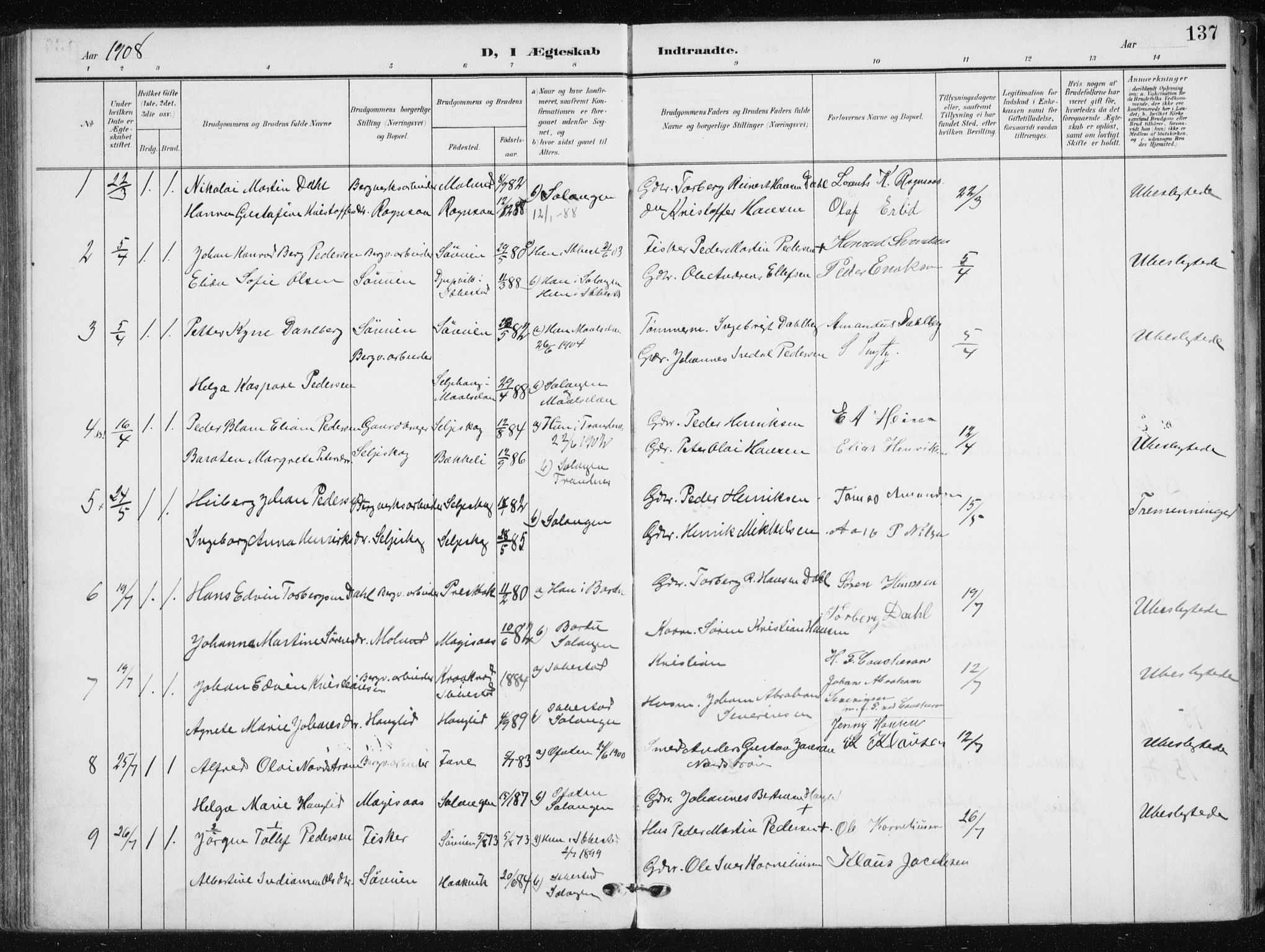 Salangen sokneprestembete, SATØ/S-1324/H/Ha/L0002kirke: Parish register (official) no. 2, 1902-1911, p. 137