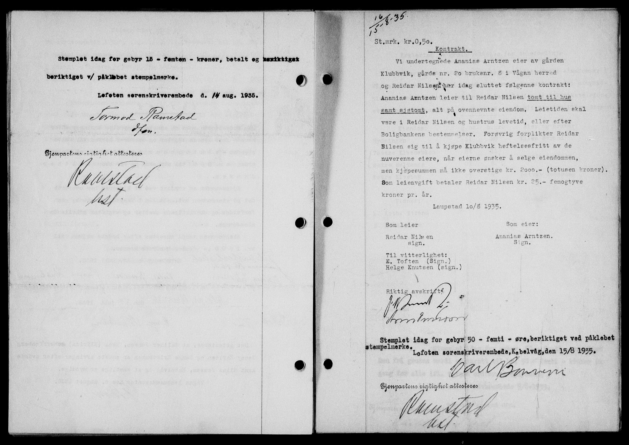 Lofoten sorenskriveri, AV/SAT-A-0017/1/2/2C/L0032b: Mortgage book no. 32b, 1935-1935, Deed date: 15.08.1935