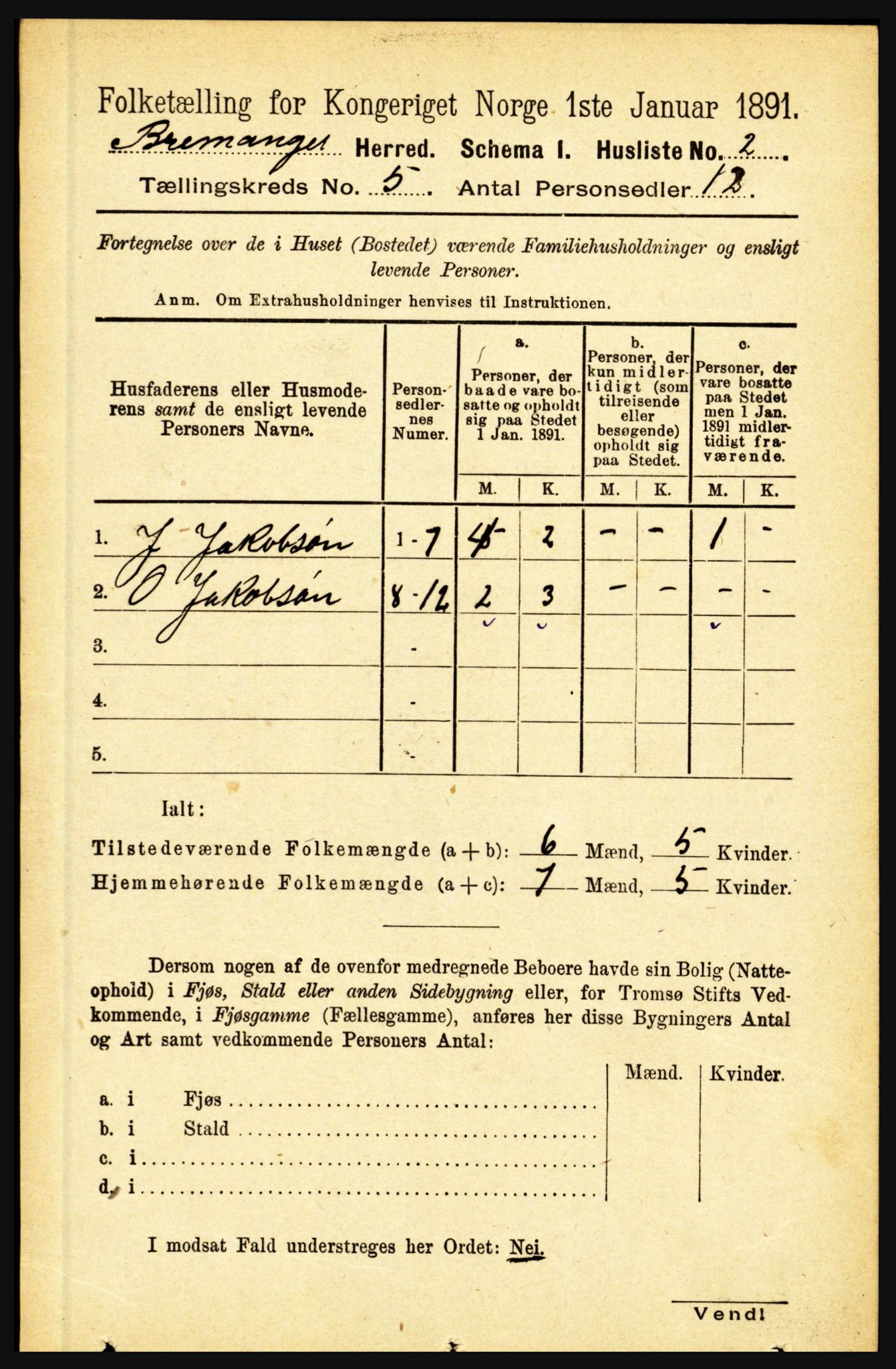 RA, 1891 census for 1438 Bremanger, 1891, p. 1910