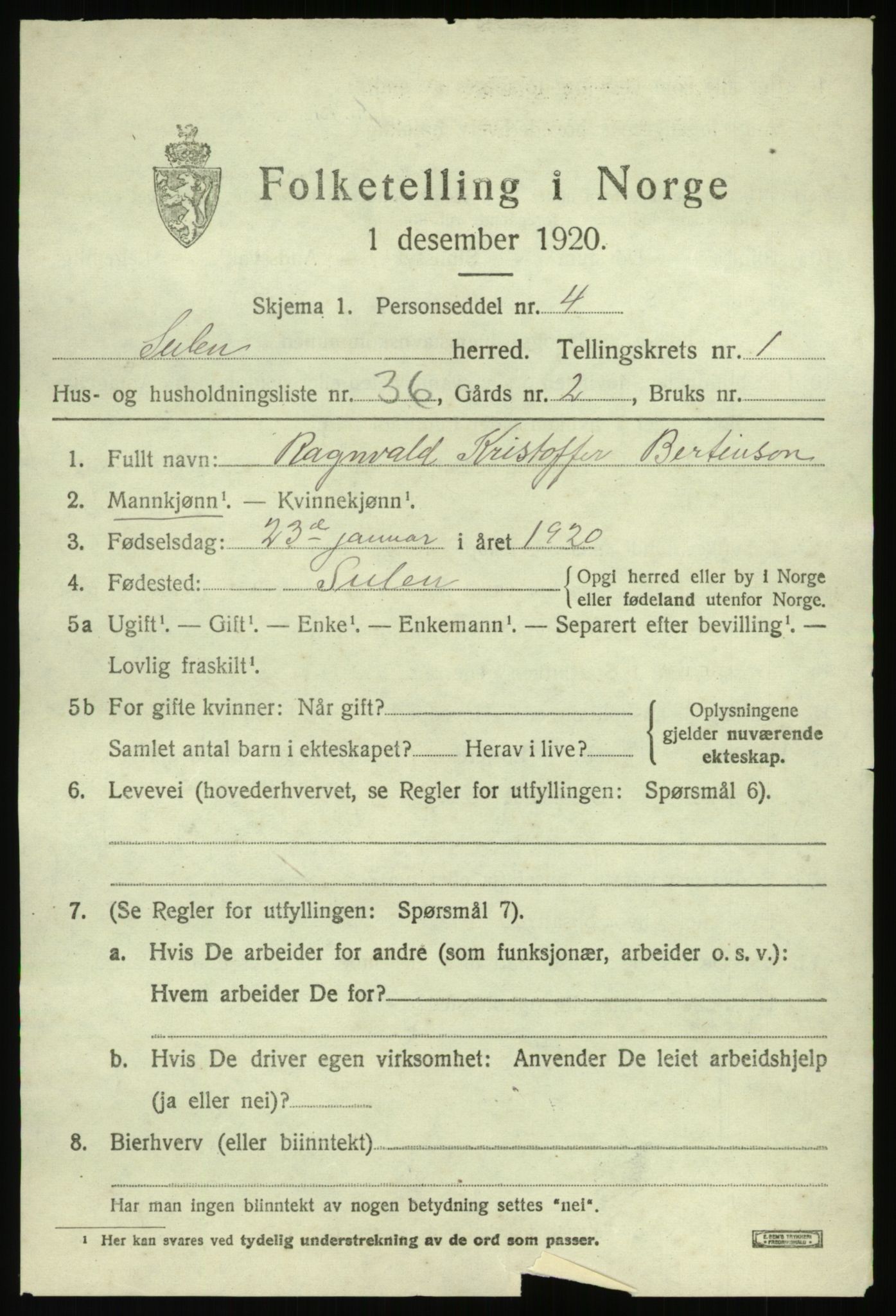 SAB, 1920 census for Solund, 1920, p. 1116