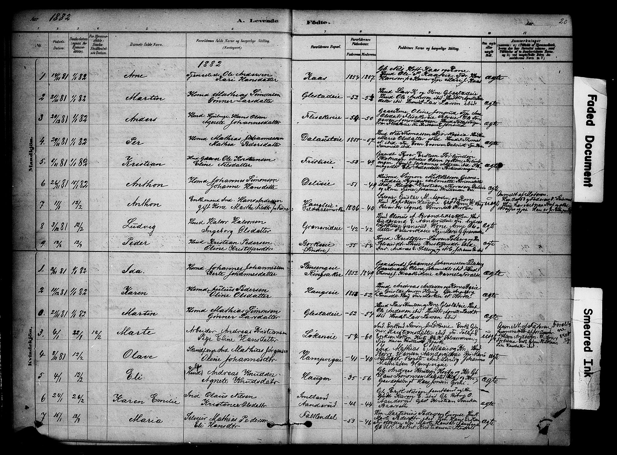 Ringsaker prestekontor, SAH/PREST-014/K/Ka/L0014: Parish register (official) no. 14, 1879-1890, p. 20