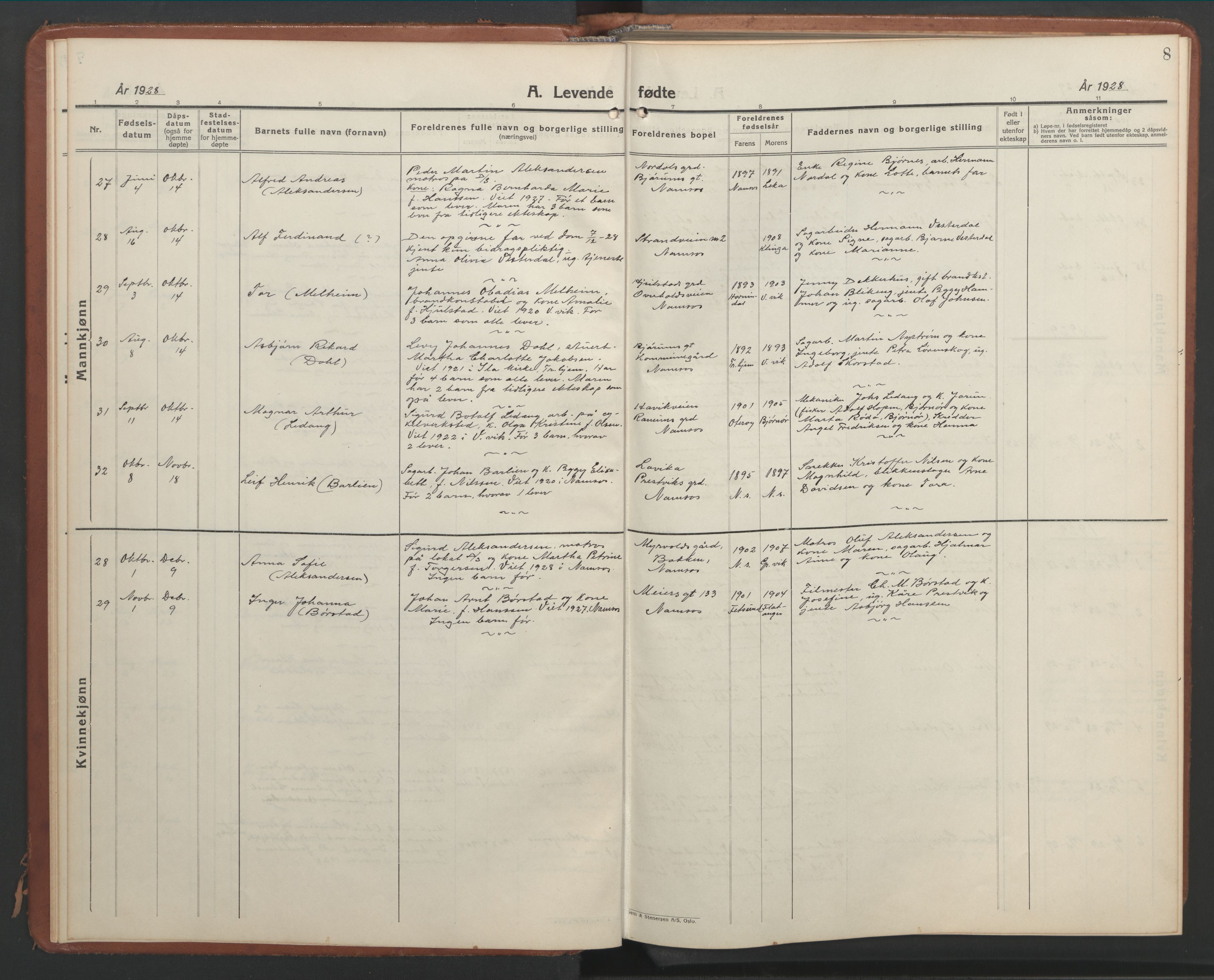 Ministerialprotokoller, klokkerbøker og fødselsregistre - Nord-Trøndelag, AV/SAT-A-1458/768/L0583: Parish register (copy) no. 768C01, 1928-1953, p. 8