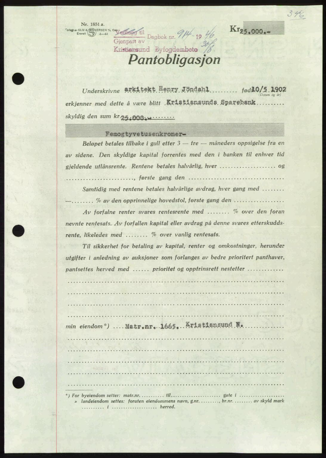 Kristiansund byfogd, AV/SAT-A-4587/A/27: Mortgage book no. 40, 1946-1946, Diary no: : 914/1946