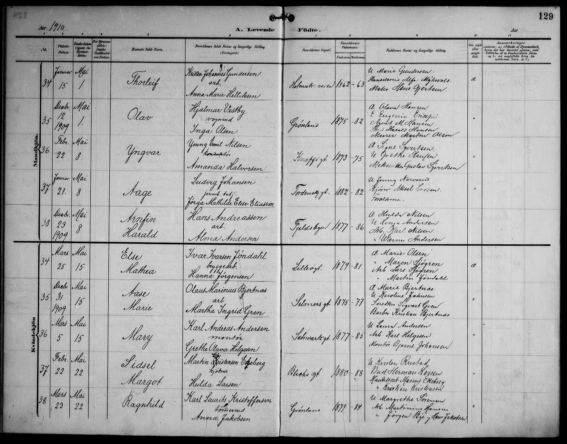 Strømsø kirkebøker, AV/SAKO-A-246/F/Fa/L0026: Parish register (official) no. I 26, 1905-1914, p. 129