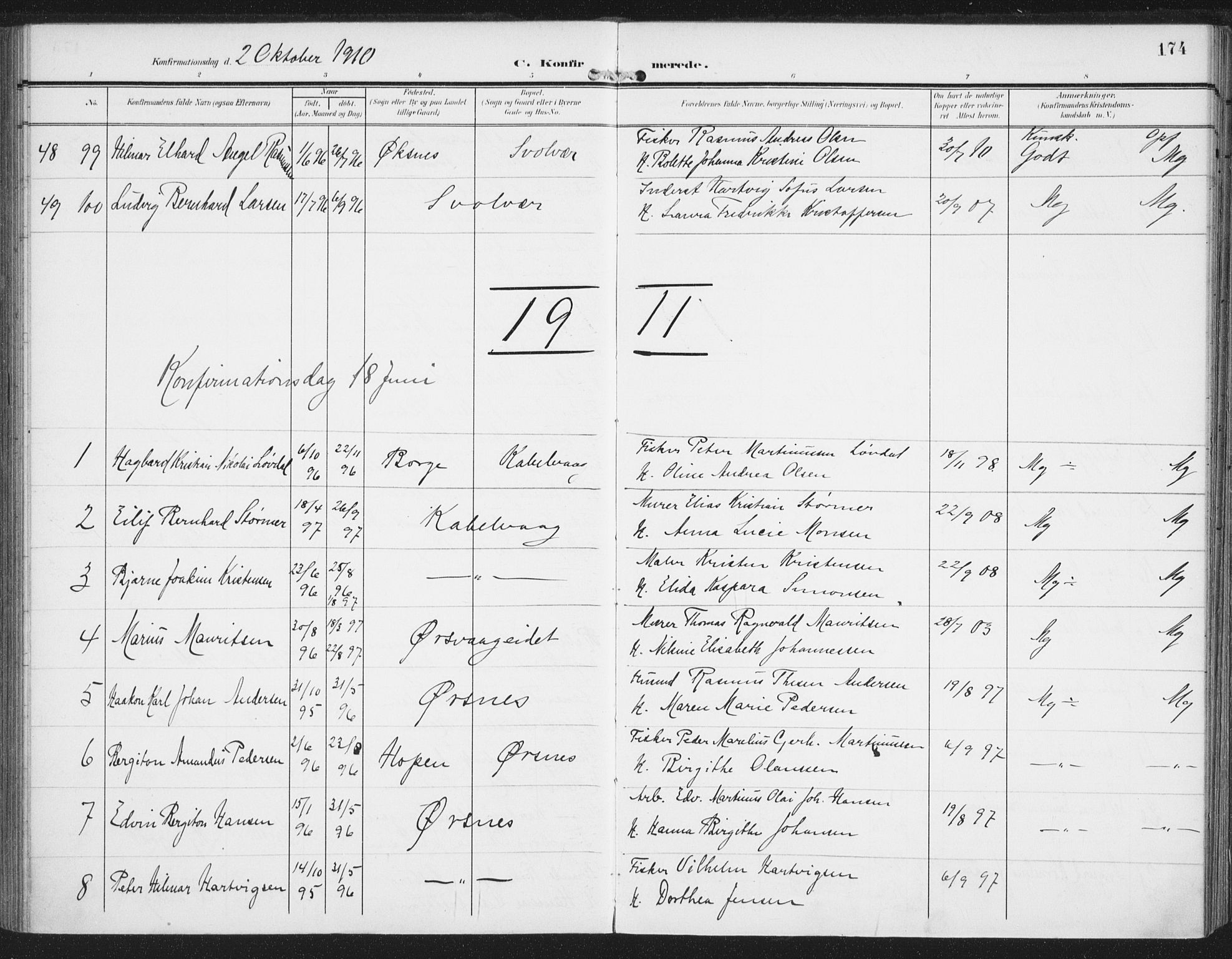 Ministerialprotokoller, klokkerbøker og fødselsregistre - Nordland, AV/SAT-A-1459/874/L1063: Parish register (official) no. 874A07, 1907-1915, p. 174