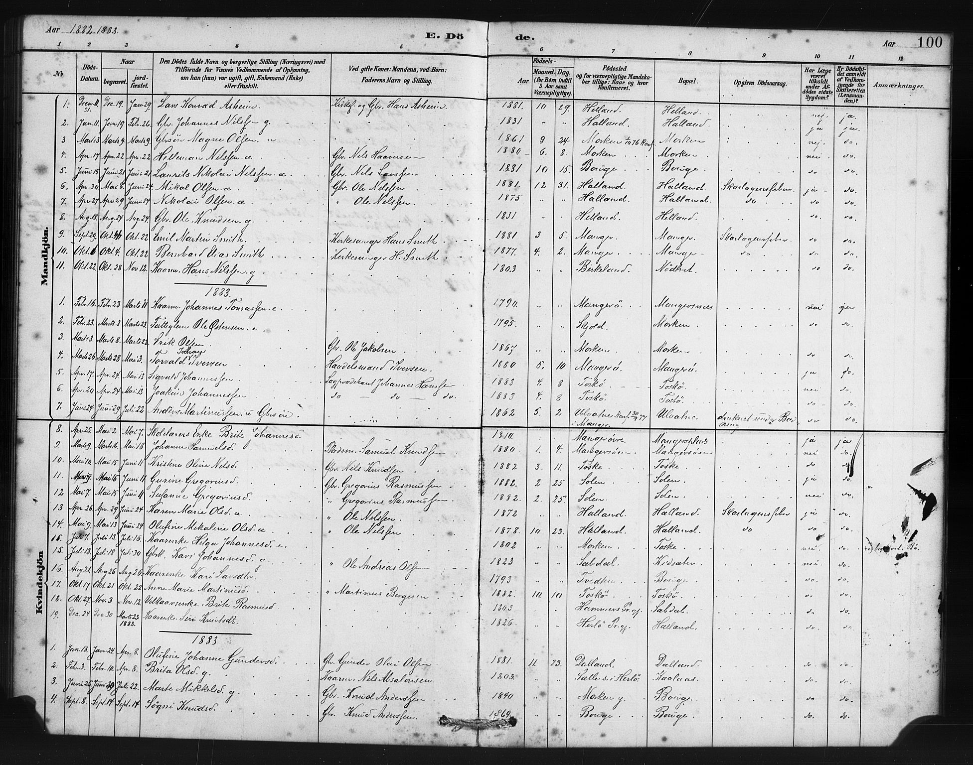 Manger sokneprestembete, SAB/A-76801/H/Haa: Parish register (official) no. B 1, 1881-1892, p. 100