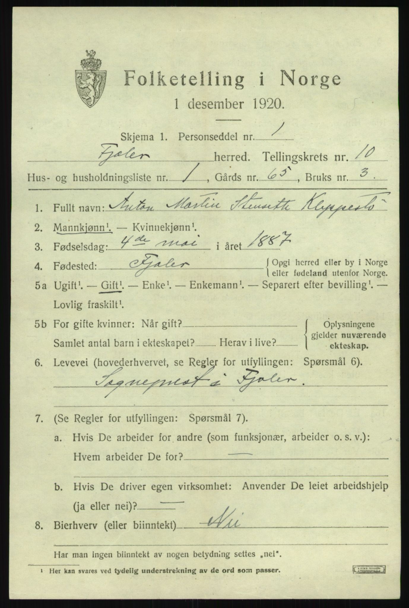 SAB, 1920 census for Fjaler, 1920, p. 4947