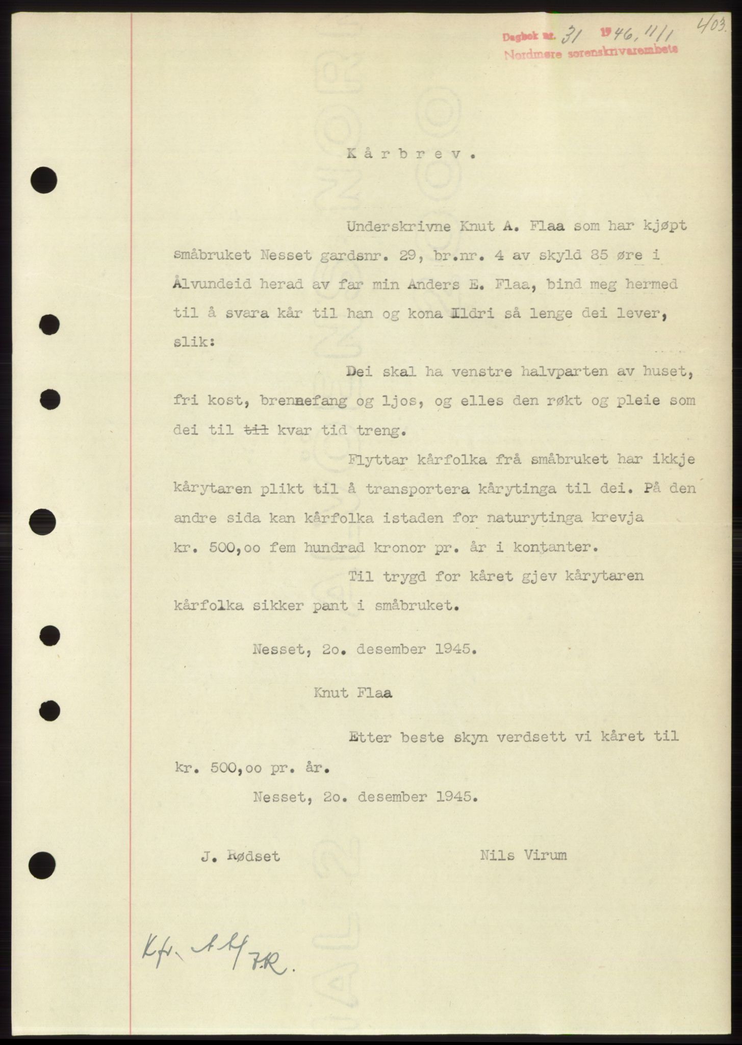 Nordmøre sorenskriveri, AV/SAT-A-4132/1/2/2Ca: Mortgage book no. B93b, 1946-1946, Diary no: : 31/1946