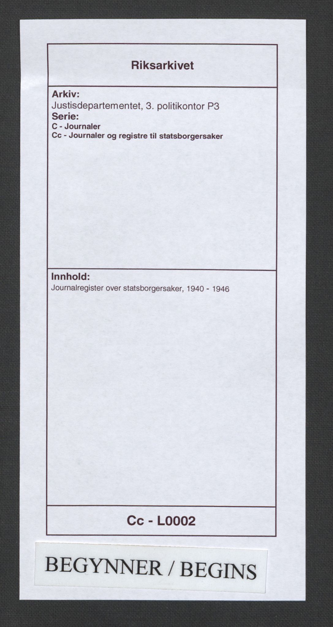 Justisdepartementet, 3. politikontor P3, AV/RA-S-1051/C/Cc/L0002: Journalregister over statsborgersaker, 1940-1946, p. 1