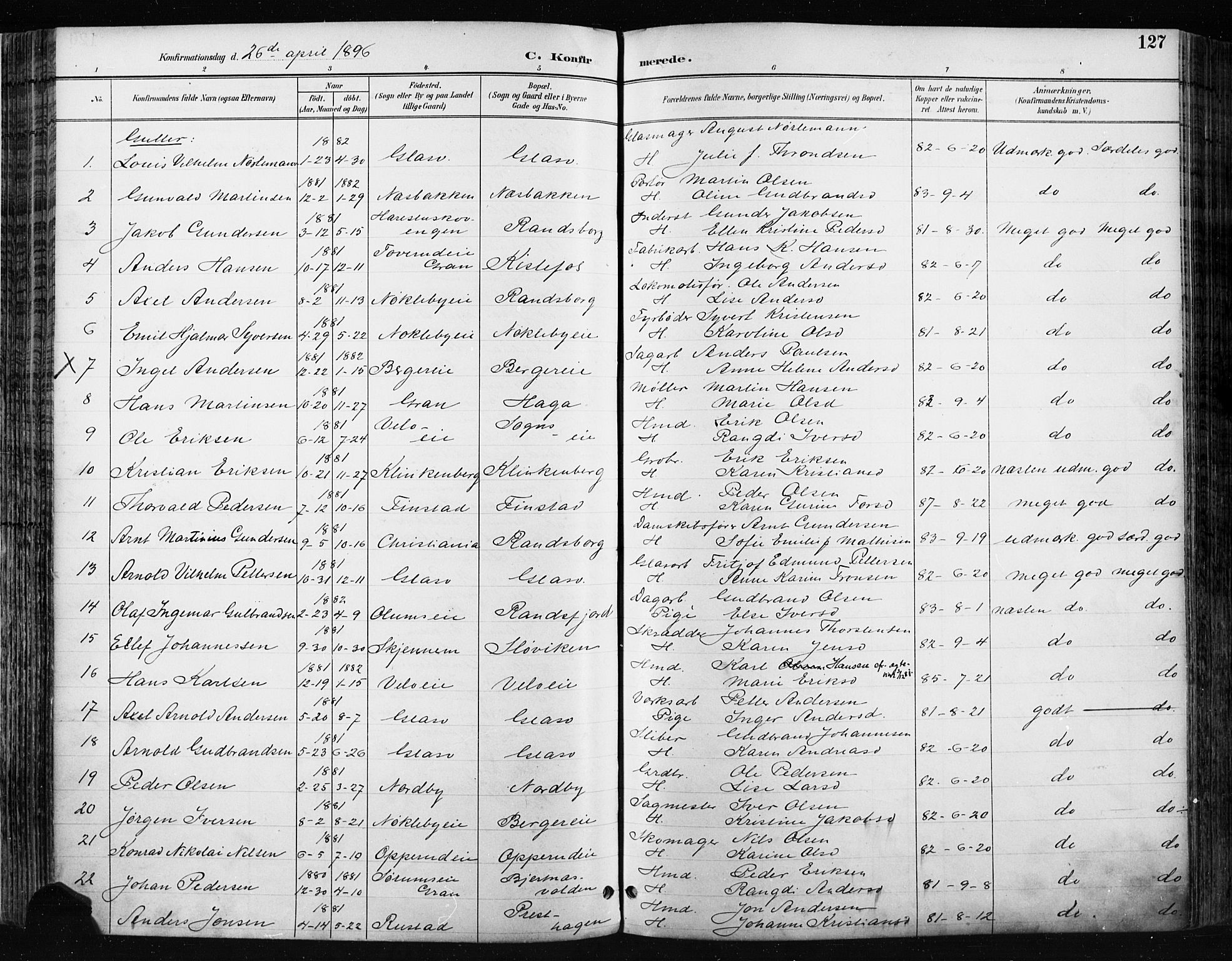 Jevnaker prestekontor, SAH/PREST-116/H/Ha/Haa/L0009: Parish register (official) no. 9, 1891-1901, p. 127