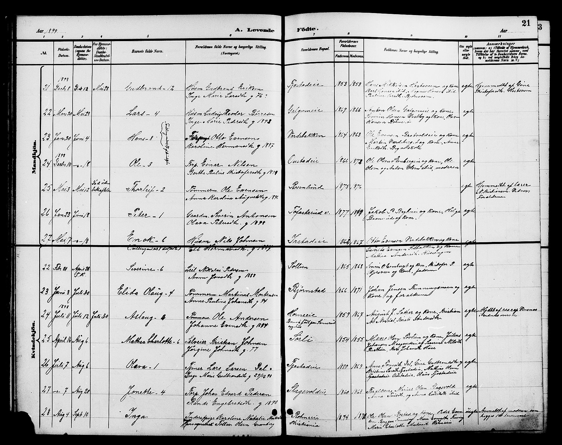 Romedal prestekontor, AV/SAH-PREST-004/L/L0012: Parish register (copy) no. 12, 1896-1914, p. 21