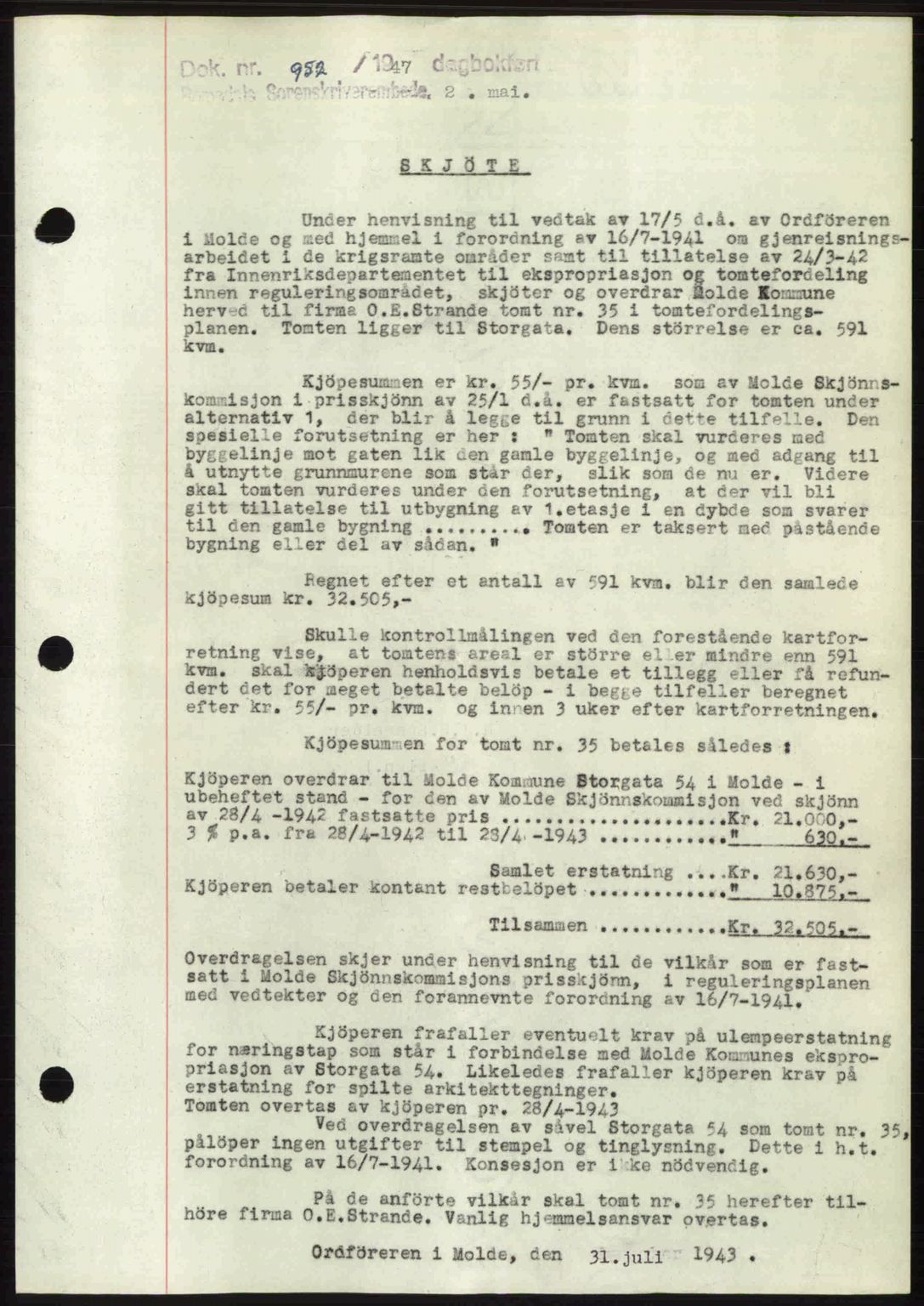 Romsdal sorenskriveri, AV/SAT-A-4149/1/2/2C: Mortgage book no. A22, 1947-1947, Diary no: : 952/1947