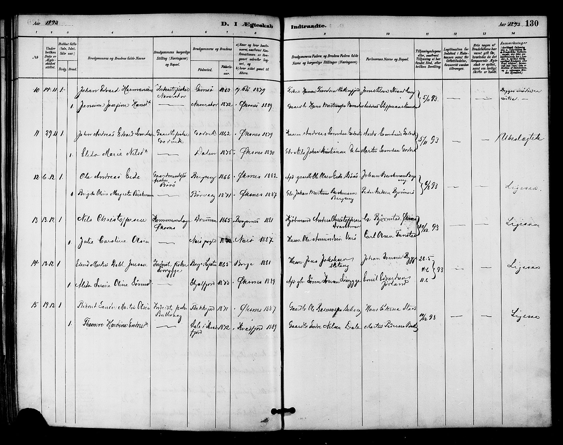 Ministerialprotokoller, klokkerbøker og fødselsregistre - Nordland, AV/SAT-A-1459/893/L1337: Parish register (official) no. 893A09, 1885-1893, p. 130