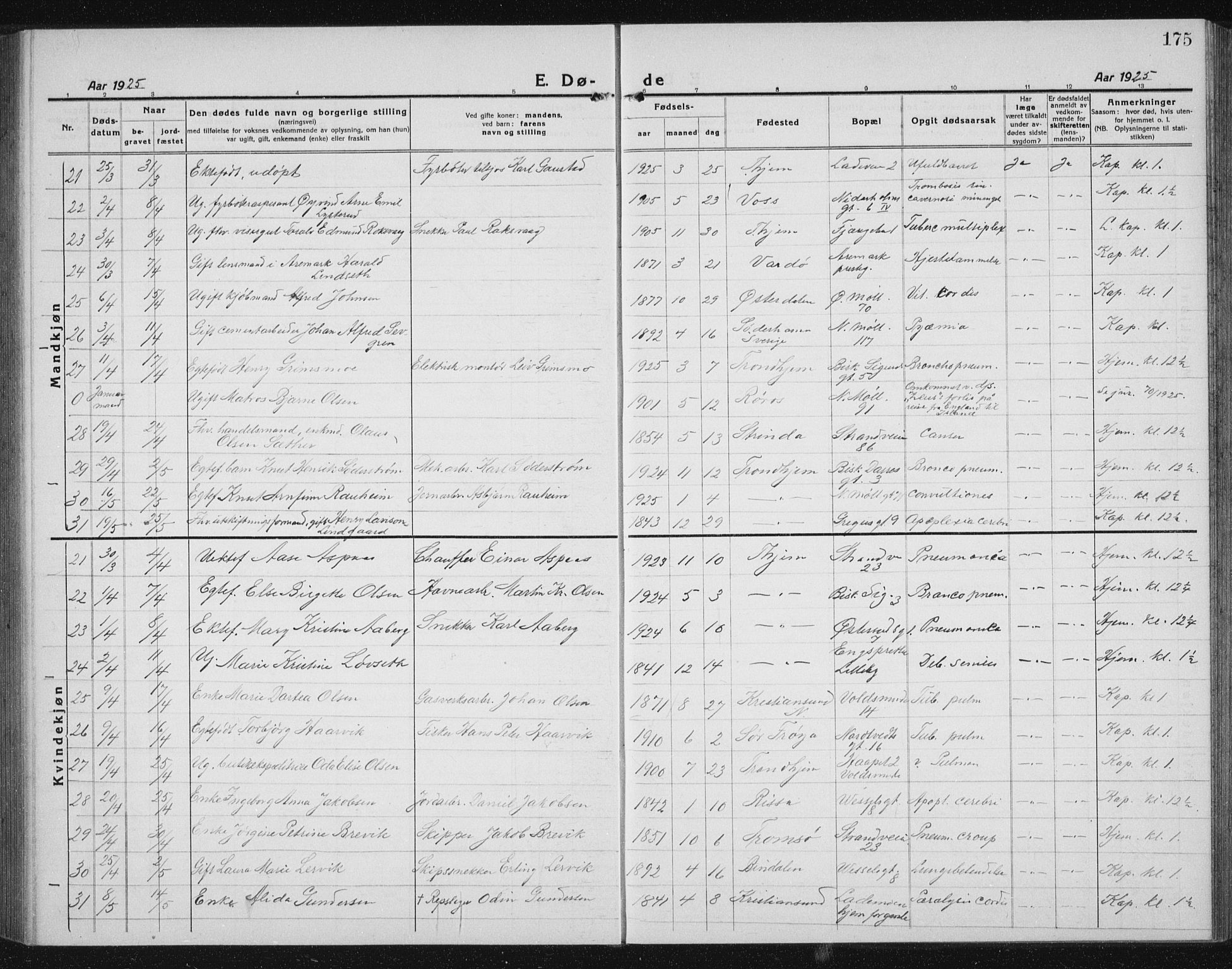 Ministerialprotokoller, klokkerbøker og fødselsregistre - Sør-Trøndelag, AV/SAT-A-1456/605/L0260: Parish register (copy) no. 605C07, 1922-1942, p. 175