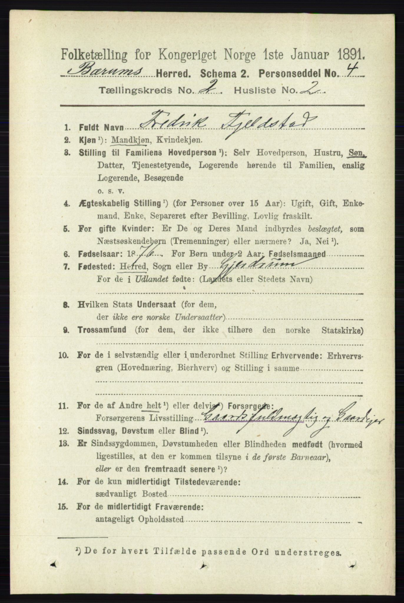 RA, 1891 census for 0219 Bærum, 1891, p. 1085