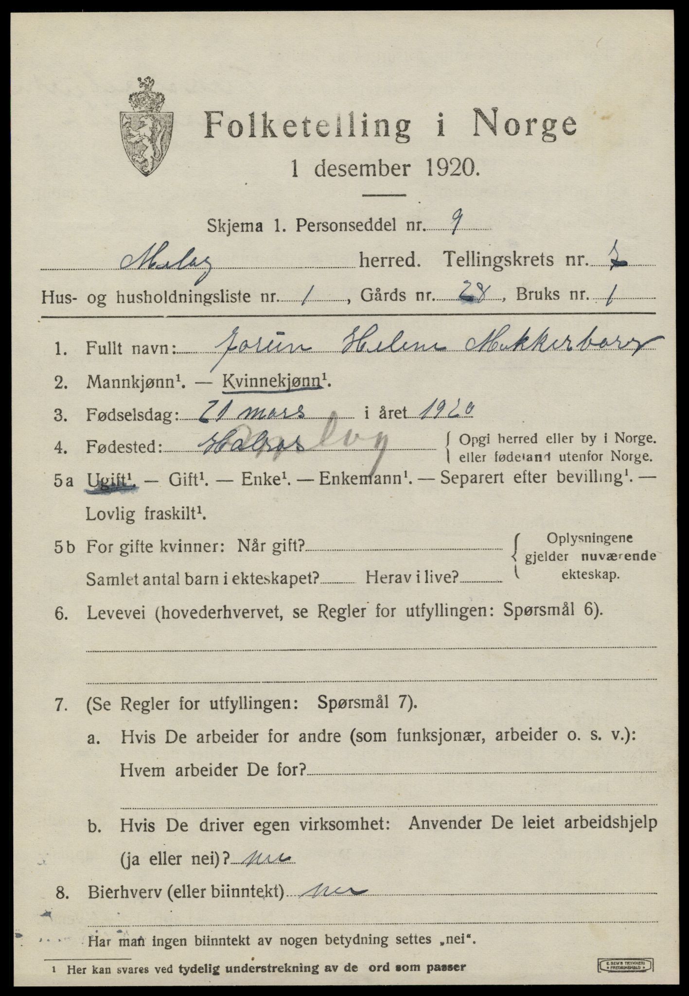 SAT, 1920 census for Meløy, 1920, p. 3727