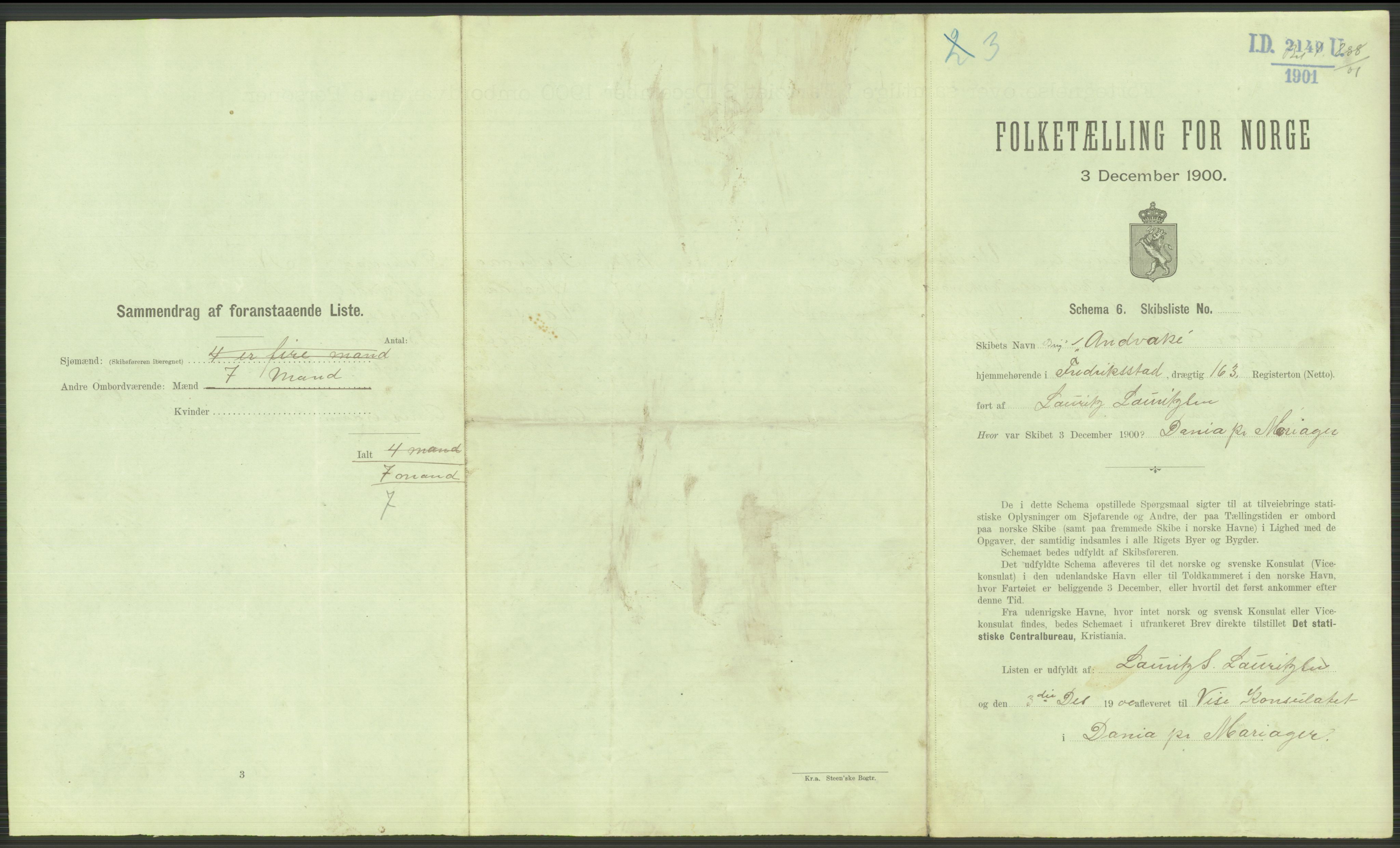 RA, 1900 Census - ship lists from ships in Norwegian harbours, harbours abroad and at sea, 1900, p. 3655