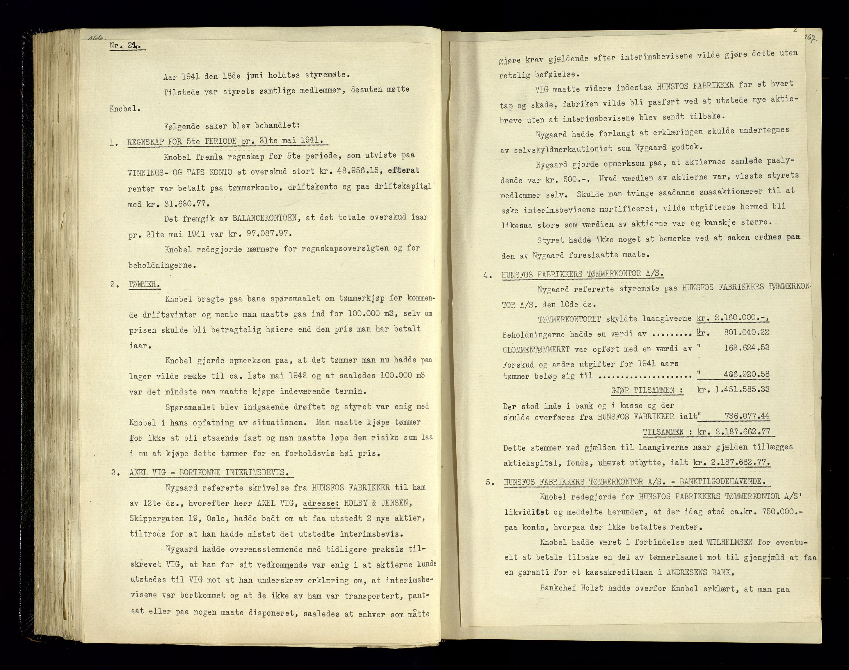 Hunsfos fabrikker, AV/SAK-D/1440/02/L0006: Referatprotokoll fra styremøter, 1938-1950, p. 166-167