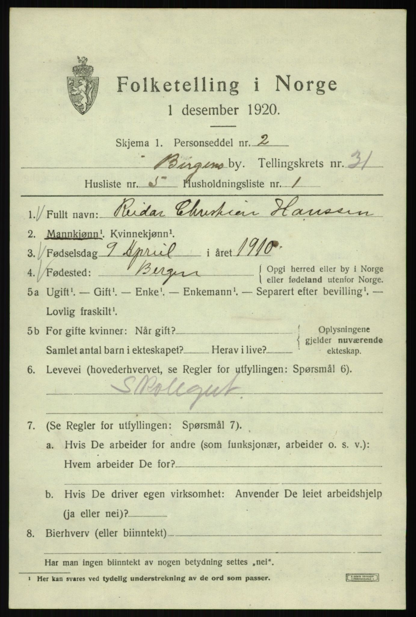 SAB, 1920 census for Bergen, 1920, p. 96288