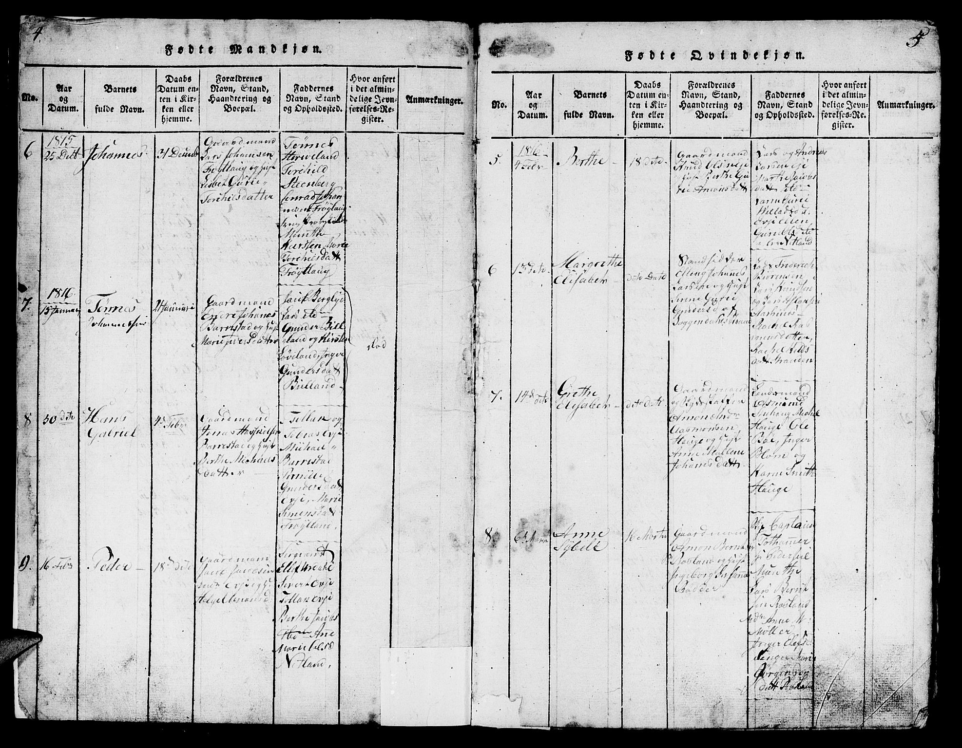 Sokndal sokneprestkontor, AV/SAST-A-101808: Parish register (copy) no. B 1, 1815-1848, p. 4-5