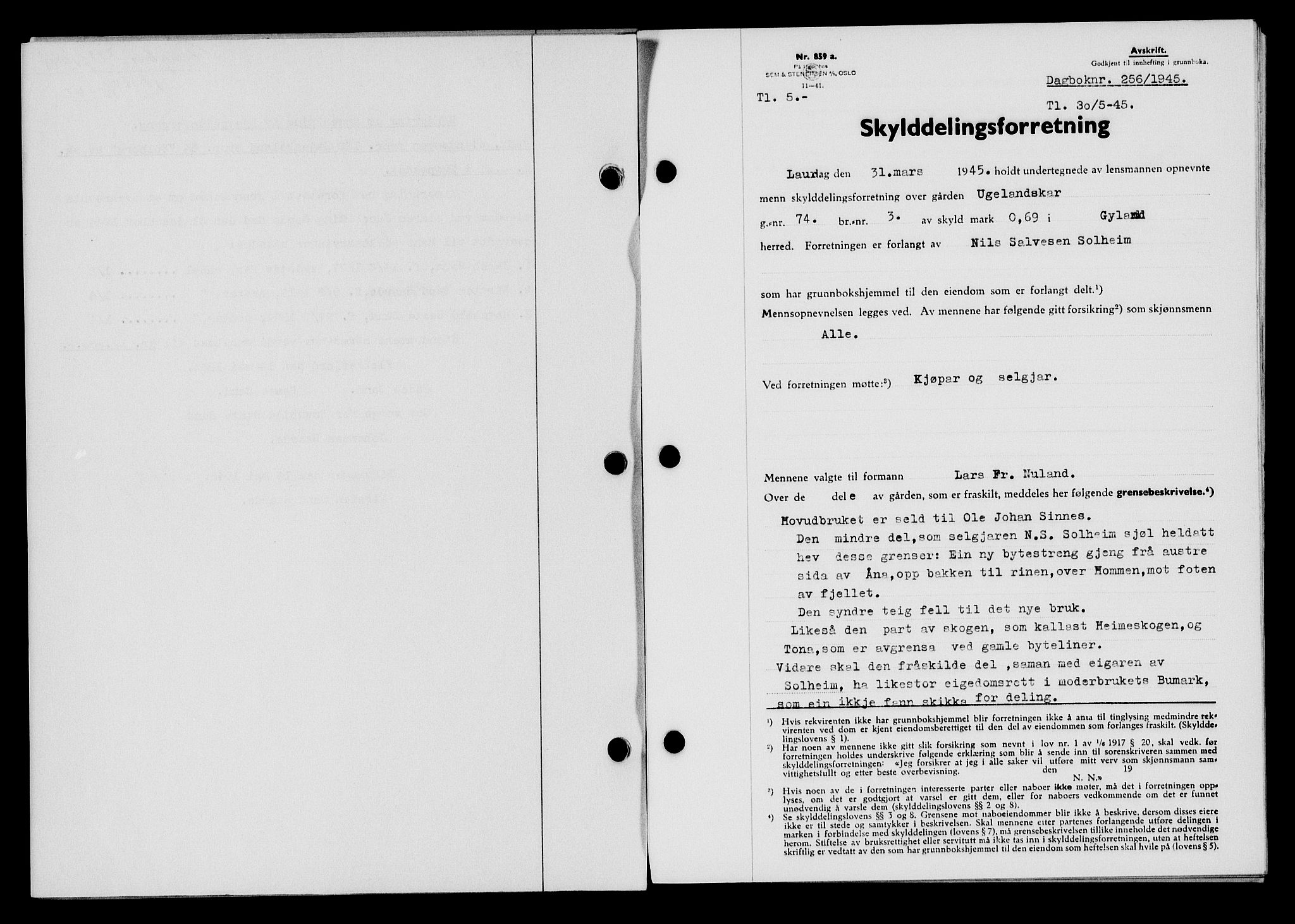 Flekkefjord sorenskriveri, SAK/1221-0001/G/Gb/Gba/L0059: Mortgage book no. A-7, 1944-1945, Diary no: : 256/1945