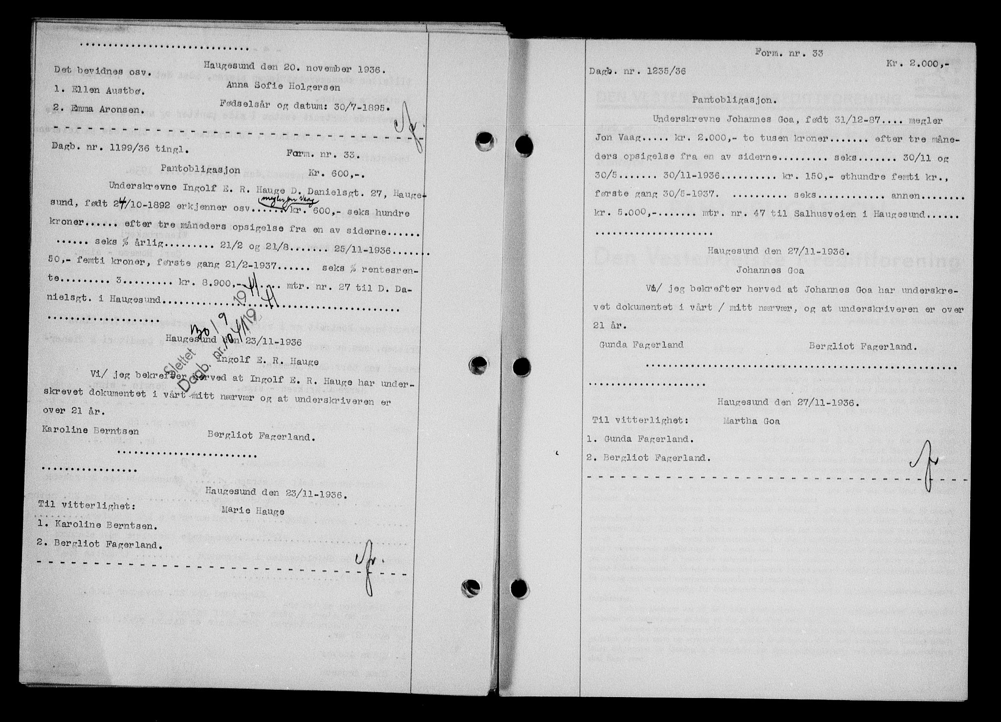 Haugesund tingrett, AV/SAST-A-101415/01/II/IIC/L0031: Mortgage book no. 31, 1936-1938, Diary no: : 1235/1936