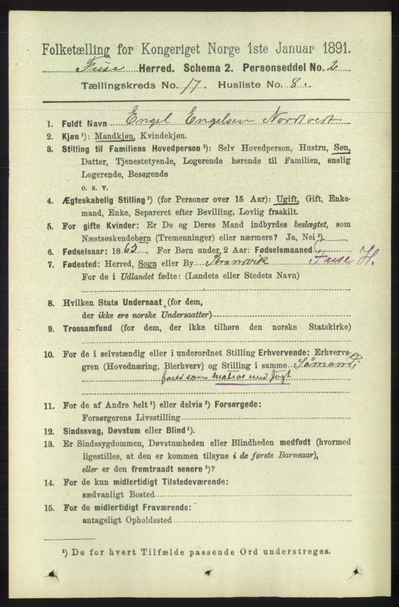 RA, 1891 census for 1241 Fusa, 1891, p. 3850