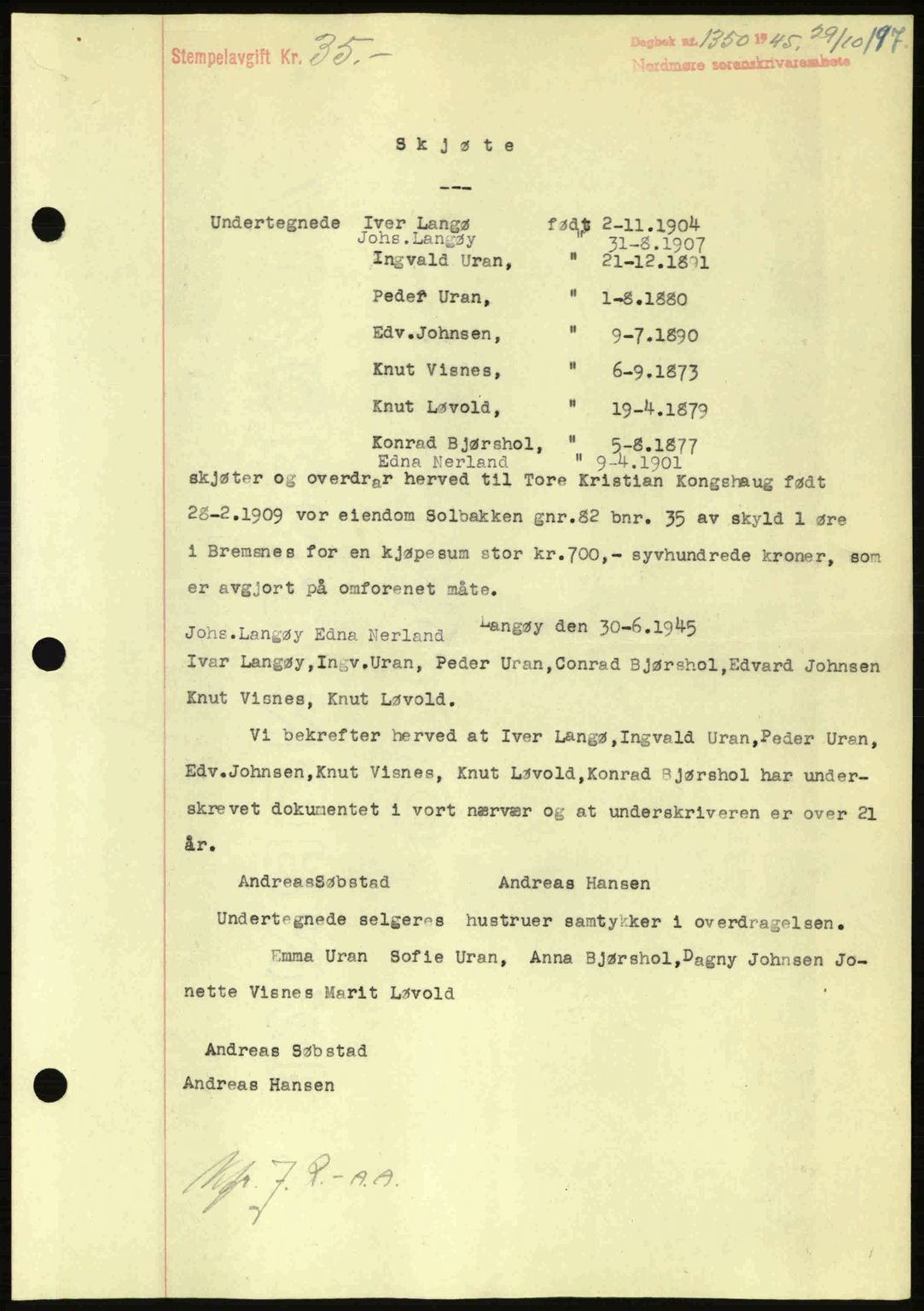 Nordmøre sorenskriveri, AV/SAT-A-4132/1/2/2Ca: Mortgage book no. A100a, 1945-1945, Diary no: : 1350/1945