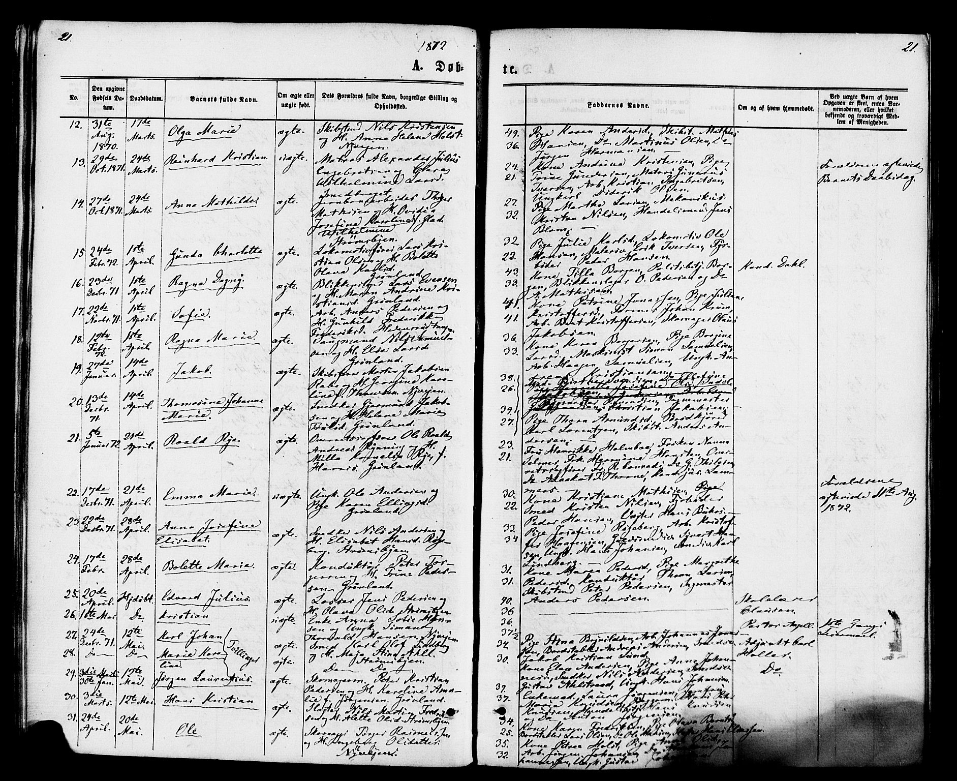 Strømsø kirkebøker, AV/SAKO-A-246/F/Fa/L0020: Parish register (official) no. I 20, 1870-1878, p. 21