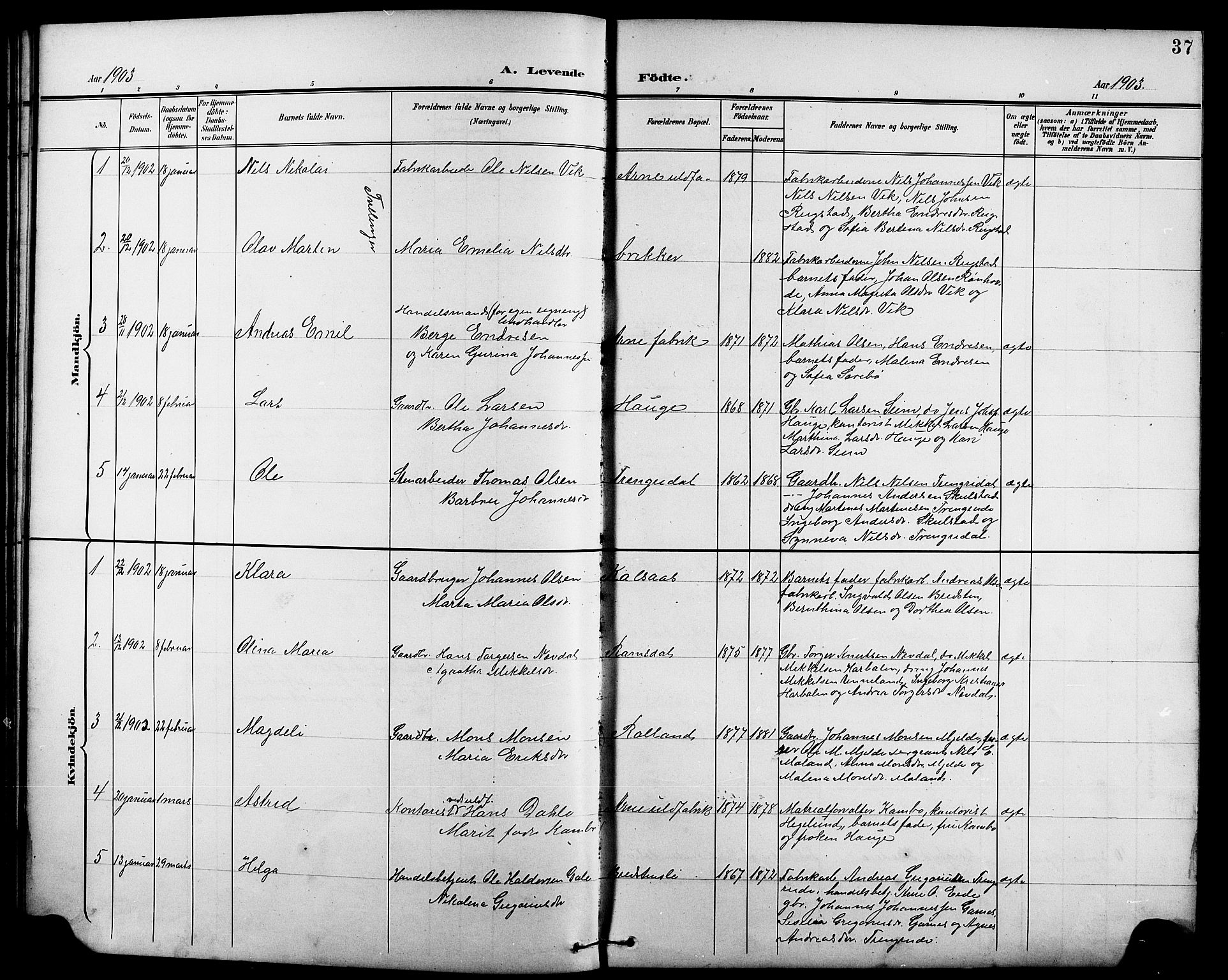 Arna Sokneprestembete, SAB/A-74001/H/Ha/Hab: Parish register (copy) no. A 4, 1898-1910, p. 37