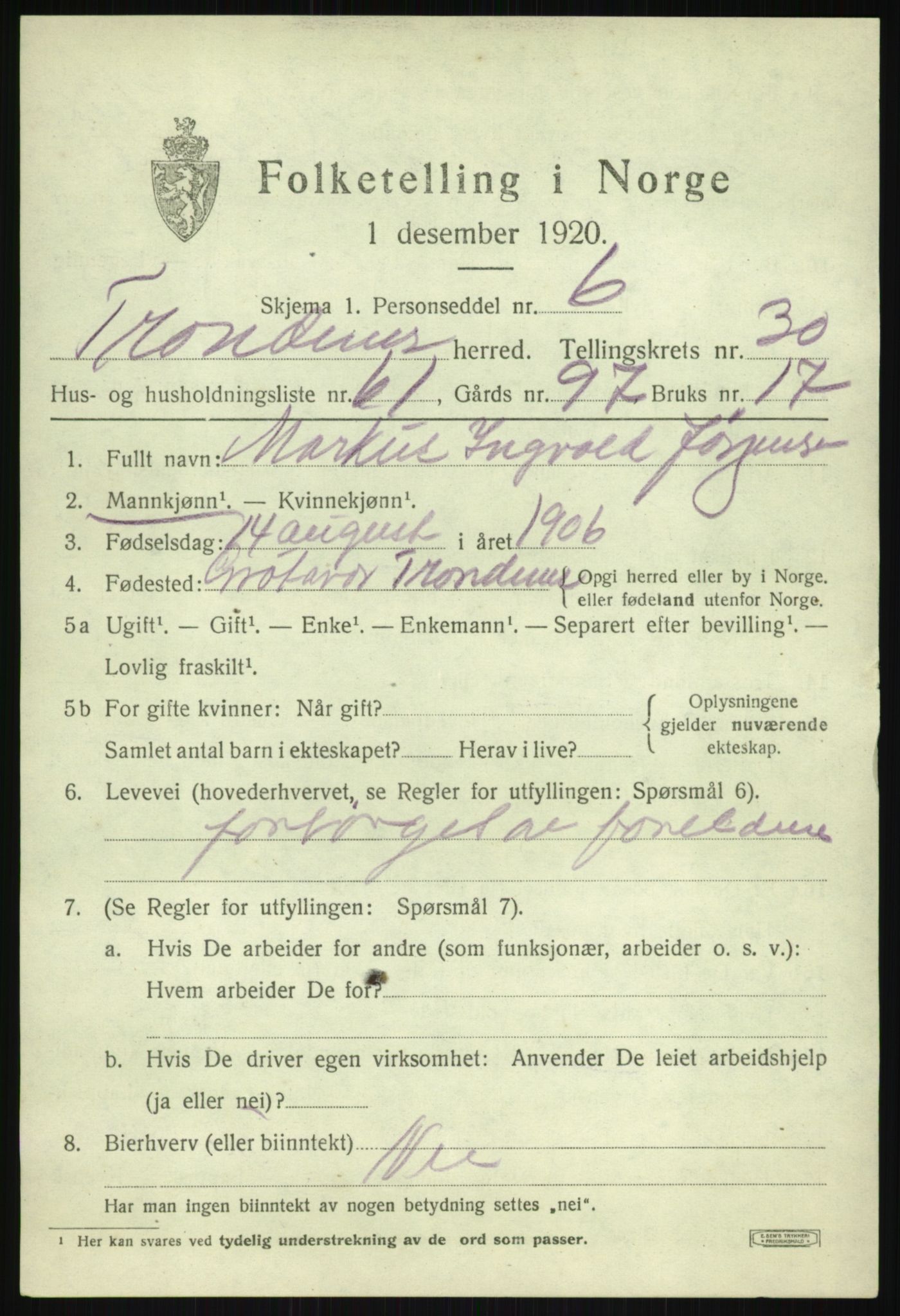 SATØ, 1920 census for Trondenes, 1920, p. 21909