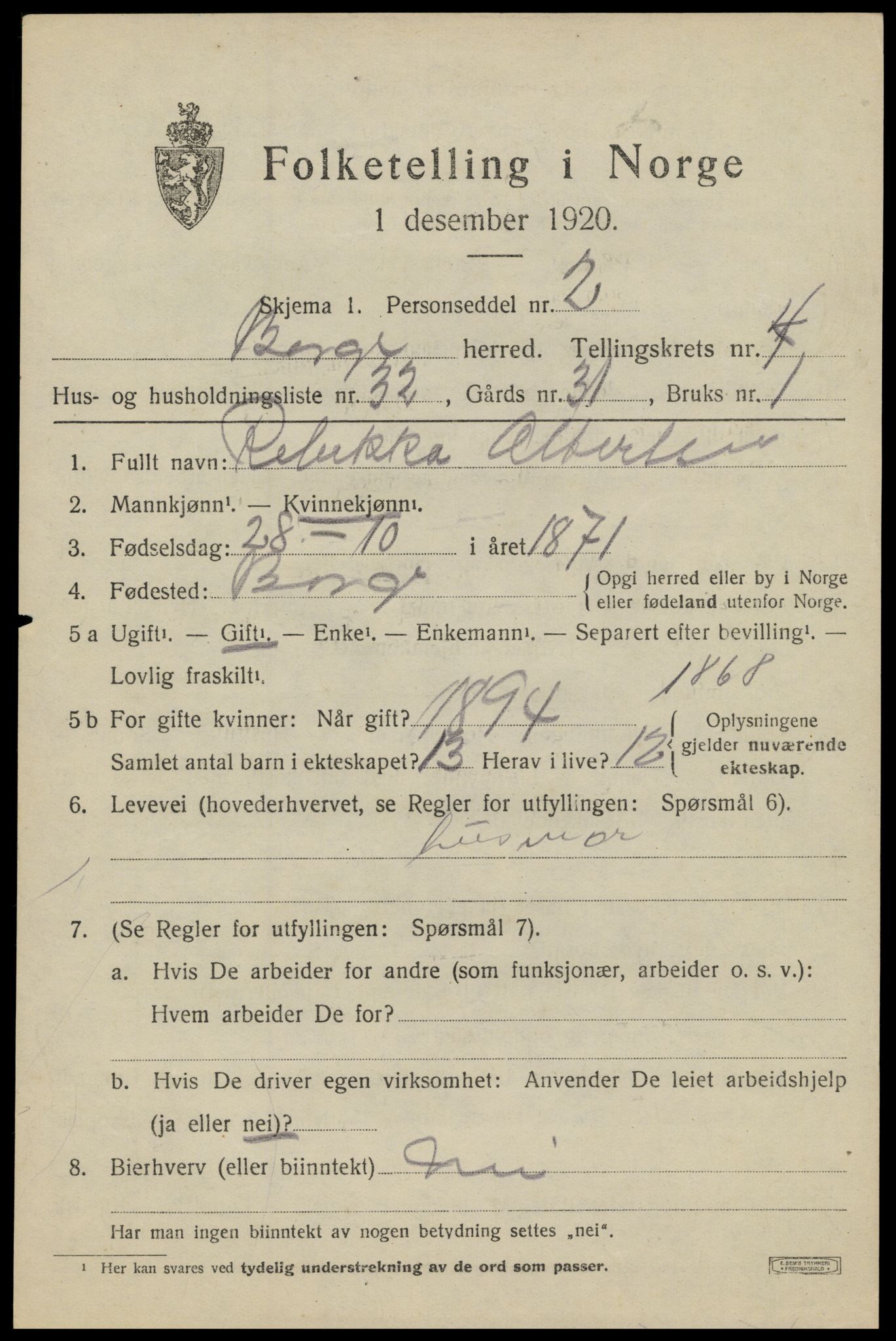 SAT, 1920 census for Borge, 1920, p. 4685