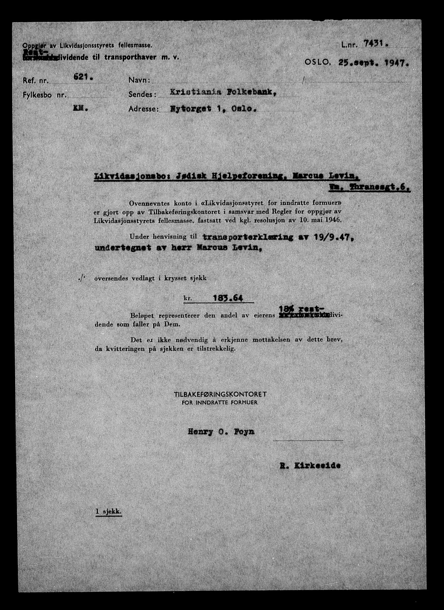 Justisdepartementet, Tilbakeføringskontoret for inndratte formuer, AV/RA-S-1564/H/Hc/Hcc/L0930: --, 1945-1947, p. 82