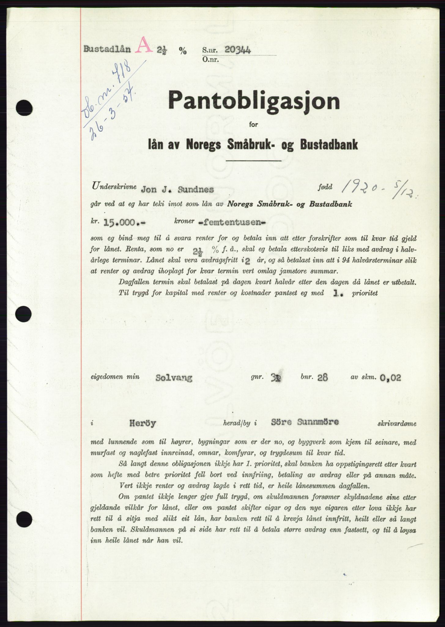 Søre Sunnmøre sorenskriveri, AV/SAT-A-4122/1/2/2C/L0124: Mortgage book no. 12B, 1953-1954, Diary no: : 718/1954